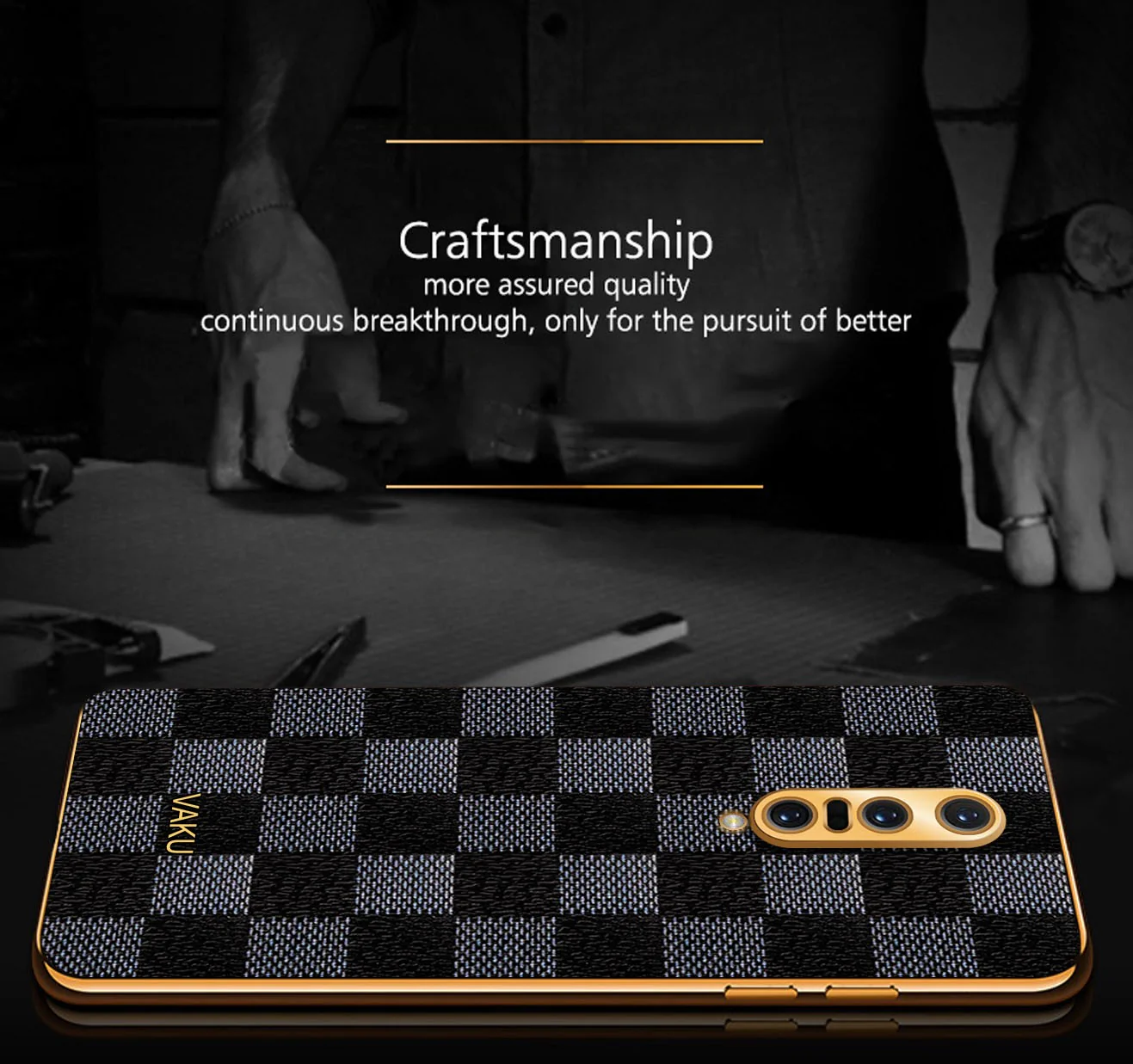 Vaku® OnePlus 7 Pro Cheron Series Leather Stitched Gold Electroplated Soft TPU Back Cover - Image 5