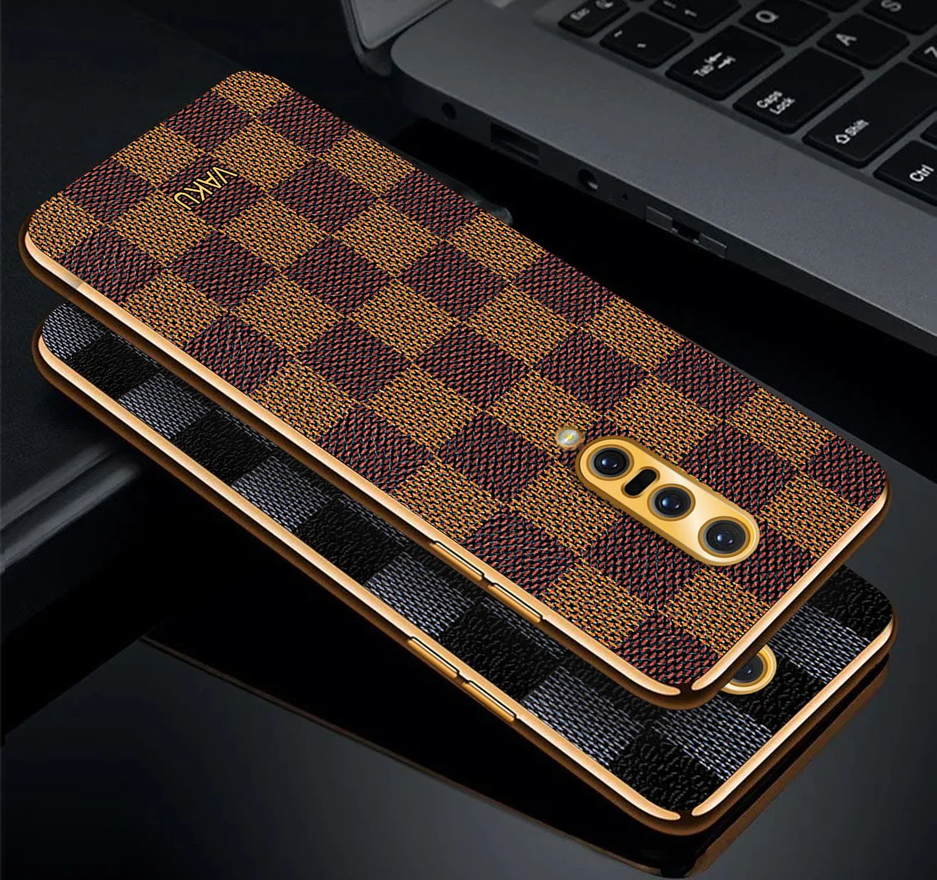 Vaku® OnePlus 7 Pro Cheron Series Leather Stitched Gold Electroplated Soft TPU Back Cover - Image 7
