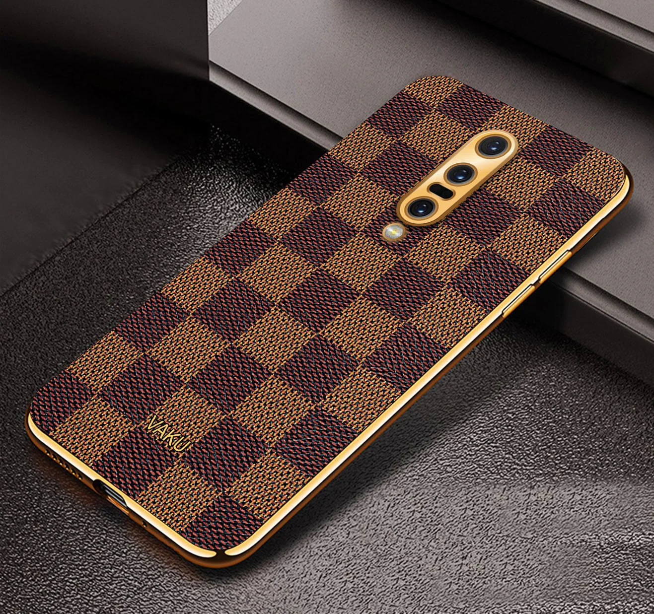 Vaku® OnePlus 7 Pro Cheron Series Leather Stitched Gold Electroplated Soft TPU Back Cover - Image 8
