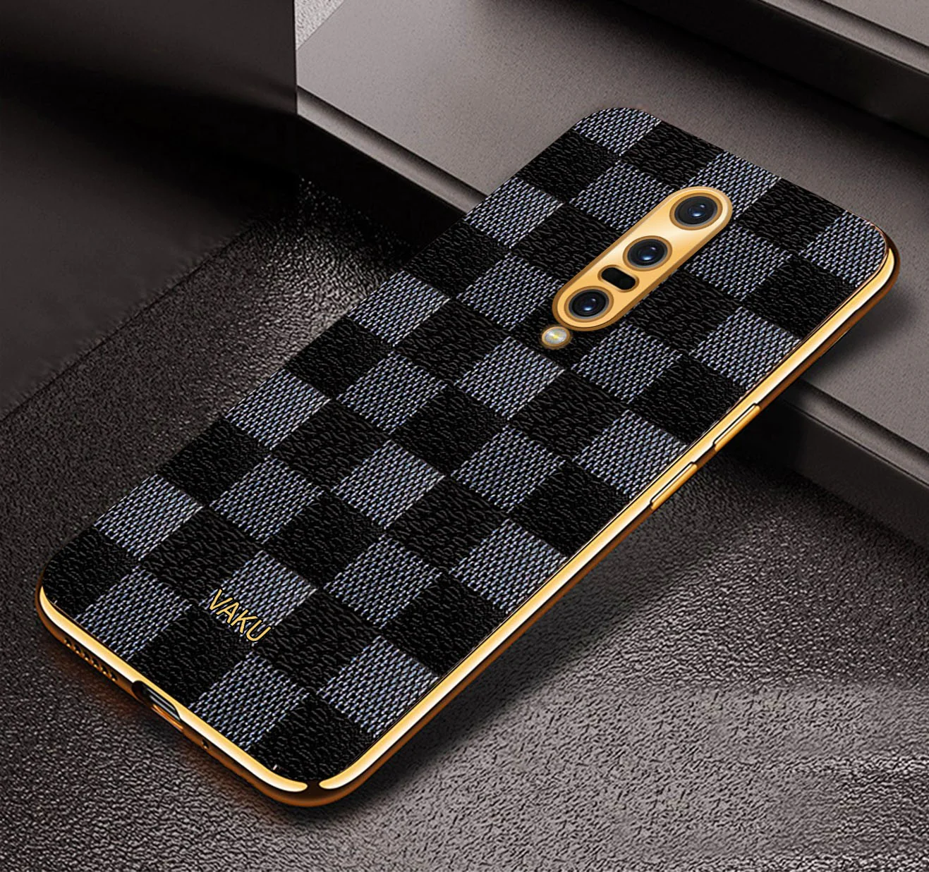 Vaku® OnePlus 7 Pro Cheron Series Leather Stitched Gold Electroplated Soft TPU Back Cover - Image 9
