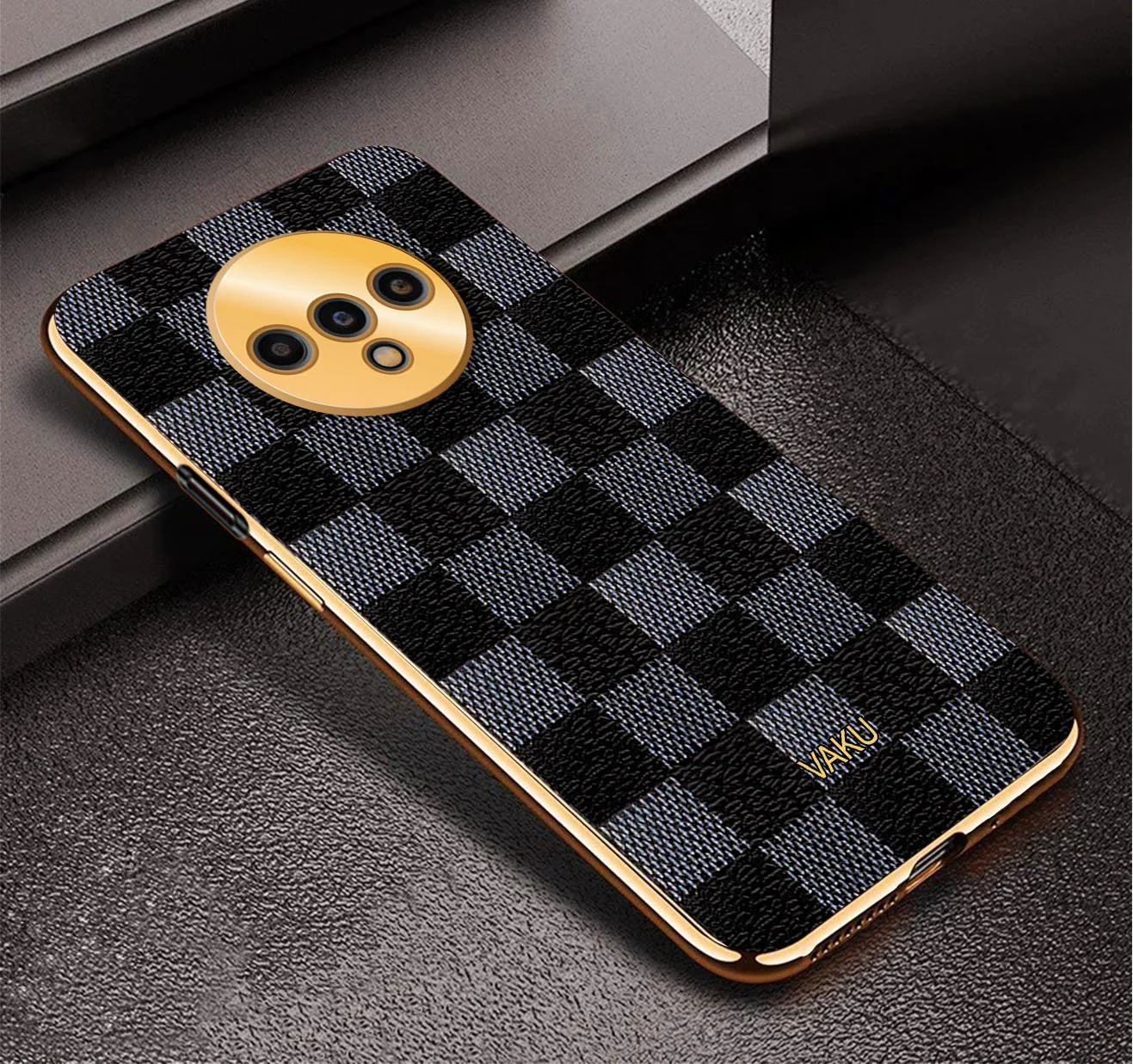 Vaku® Oneplus 7T Cheron Series Leather Stitched Gold Electroplated Soft TPU Back Cover - Image 3