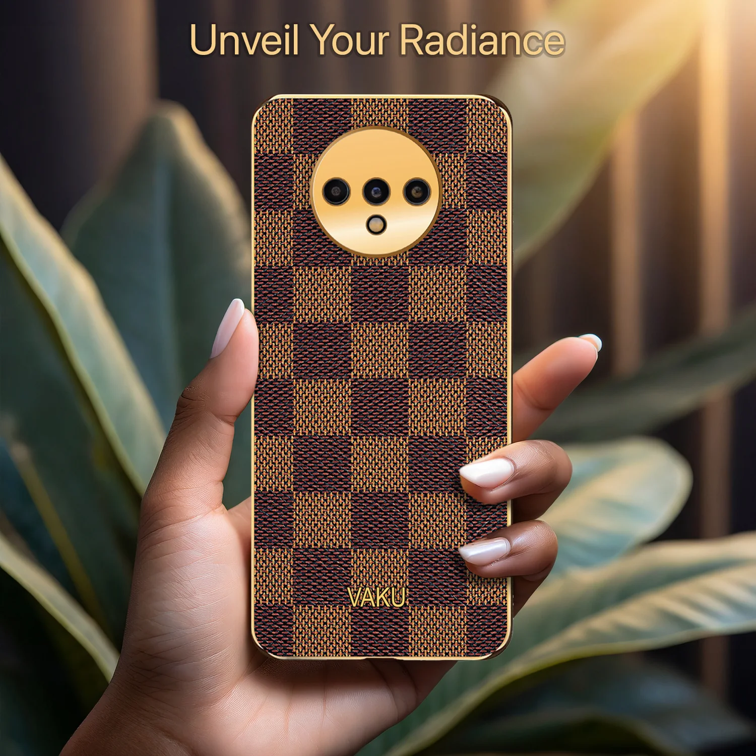 Vaku® Oneplus 7T Cheron Series Leather Stitched Gold Electroplated Soft TPU Back Cover - Image 4