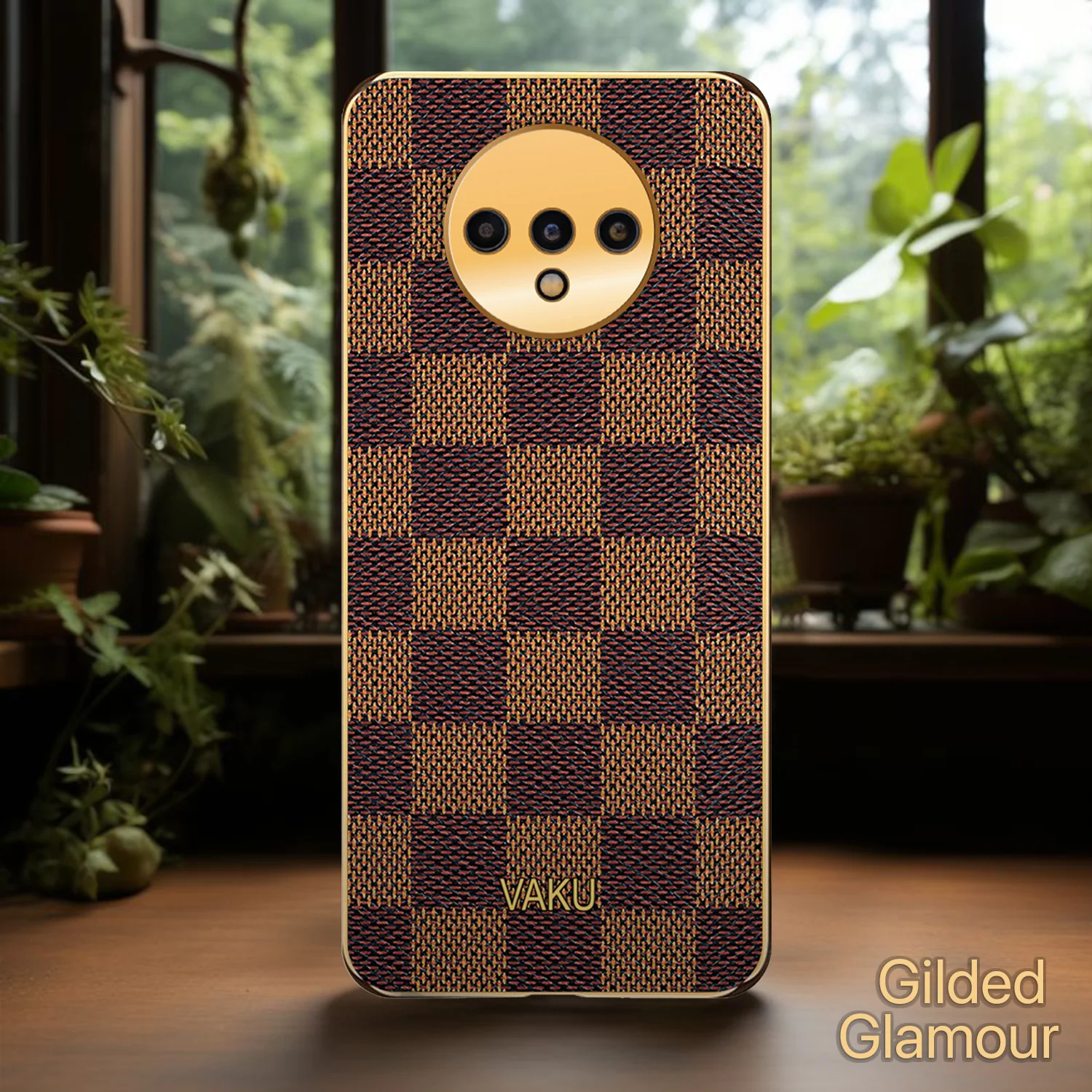Vaku® Oneplus 7T Cheron Series Leather Stitched Gold Electroplated Soft TPU Back Cover - Image 5