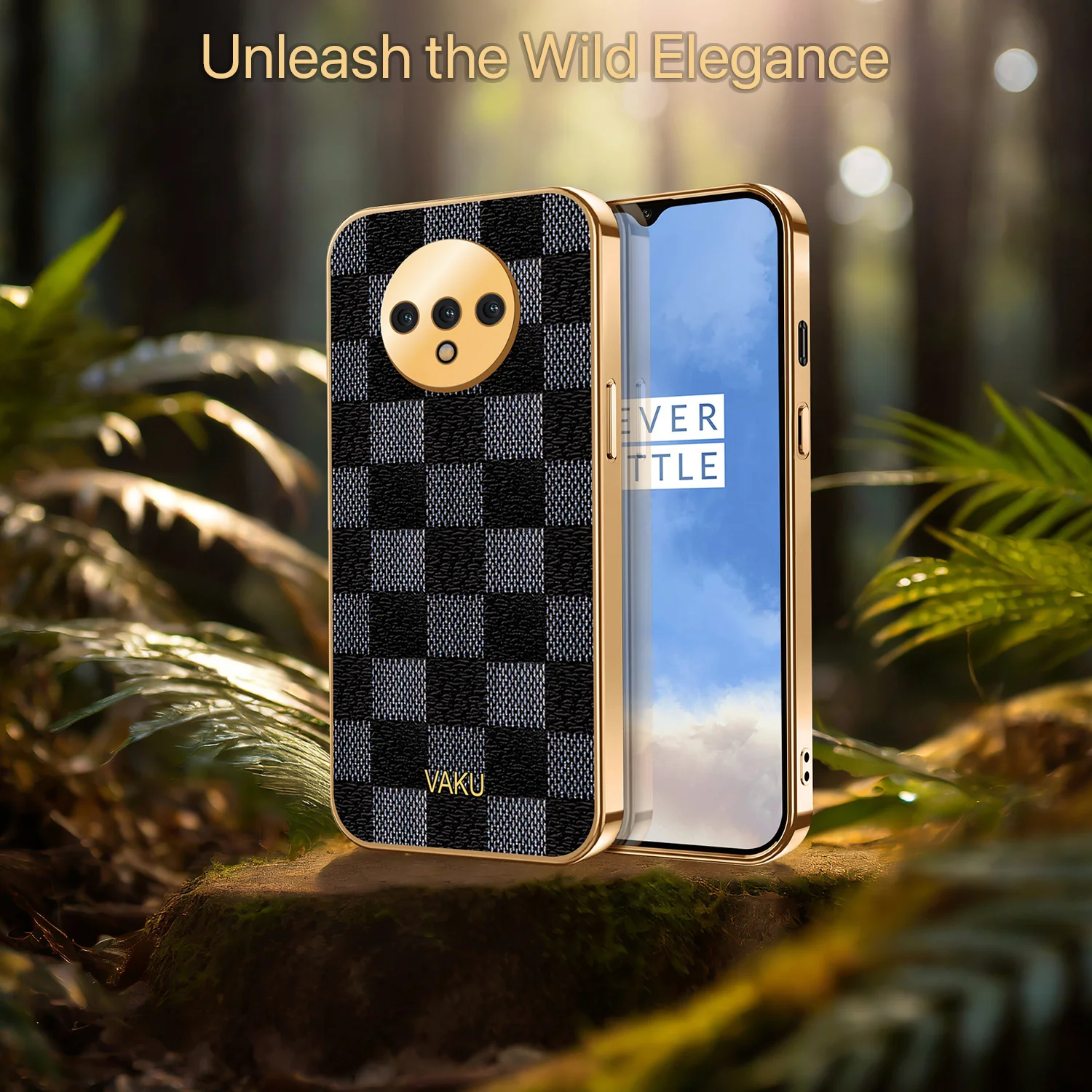 Vaku® Oneplus 7T Cheron Series Leather Stitched Gold Electroplated Soft TPU Back Cover - Image 6
