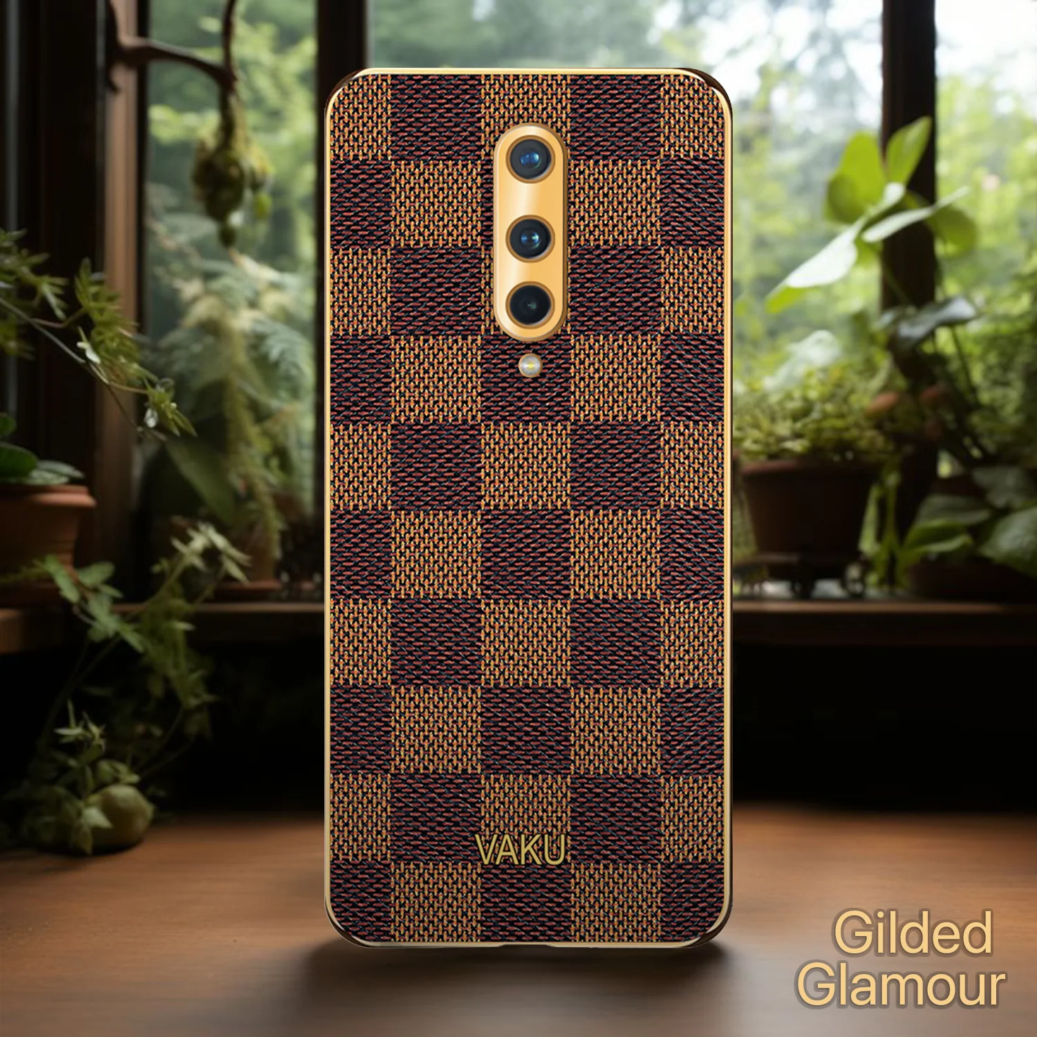 Vaku® OnePlus 8 Cheron Series Leather Stitched Gold Electroplated Soft TPU Back Cover - Image 4