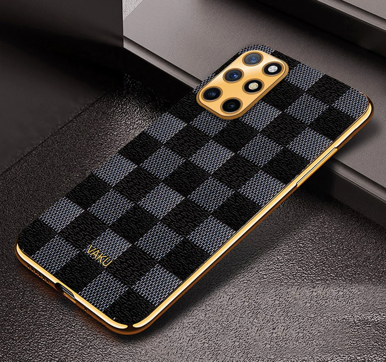 Vaku® OnePlus 8T Cheron Series Leather Stitched Gold Electroplated Soft TPU Back Cover - Image 3