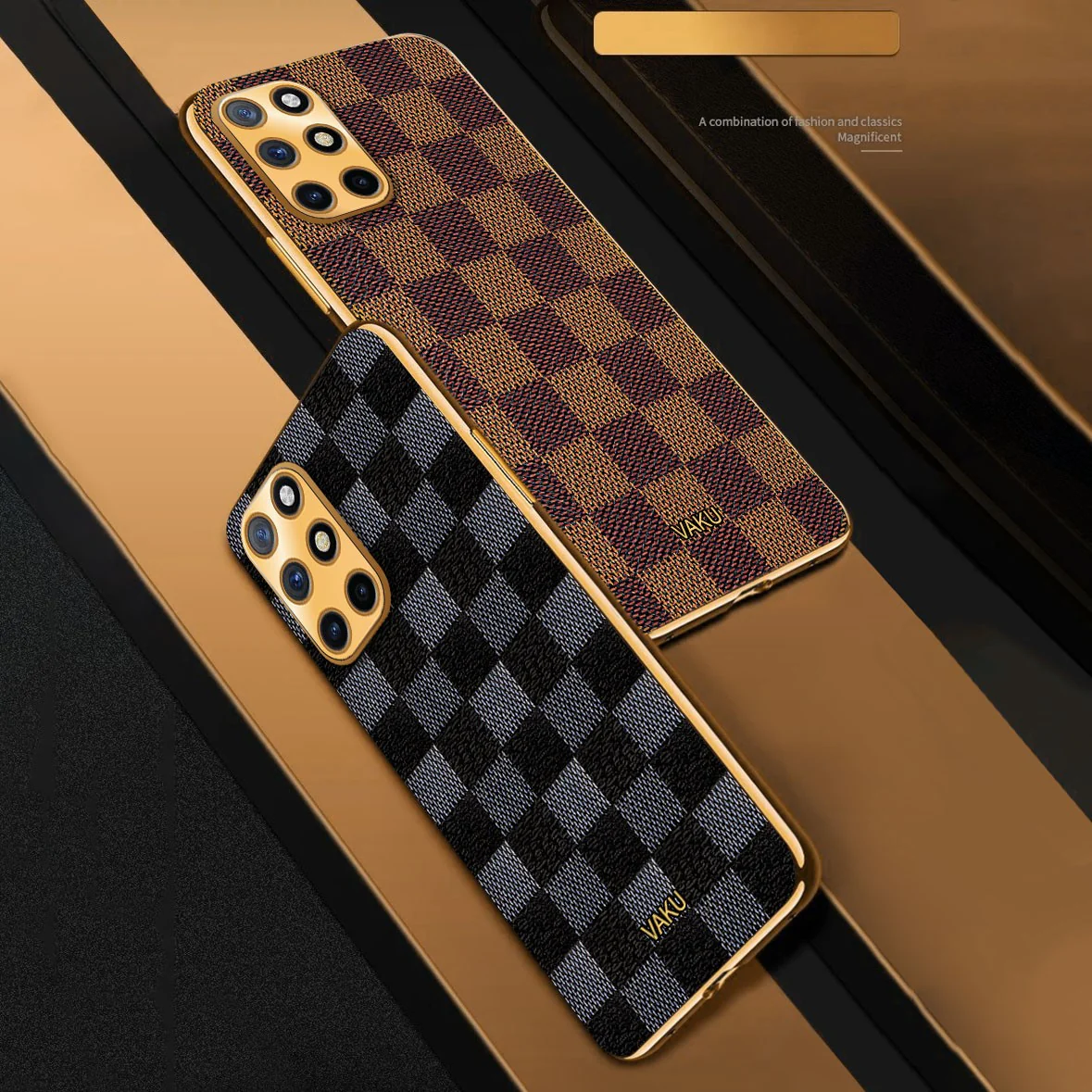 Vaku® OnePlus 8T Cheron Series Leather Stitched Gold Electroplated Soft TPU Back Cover - Image 9