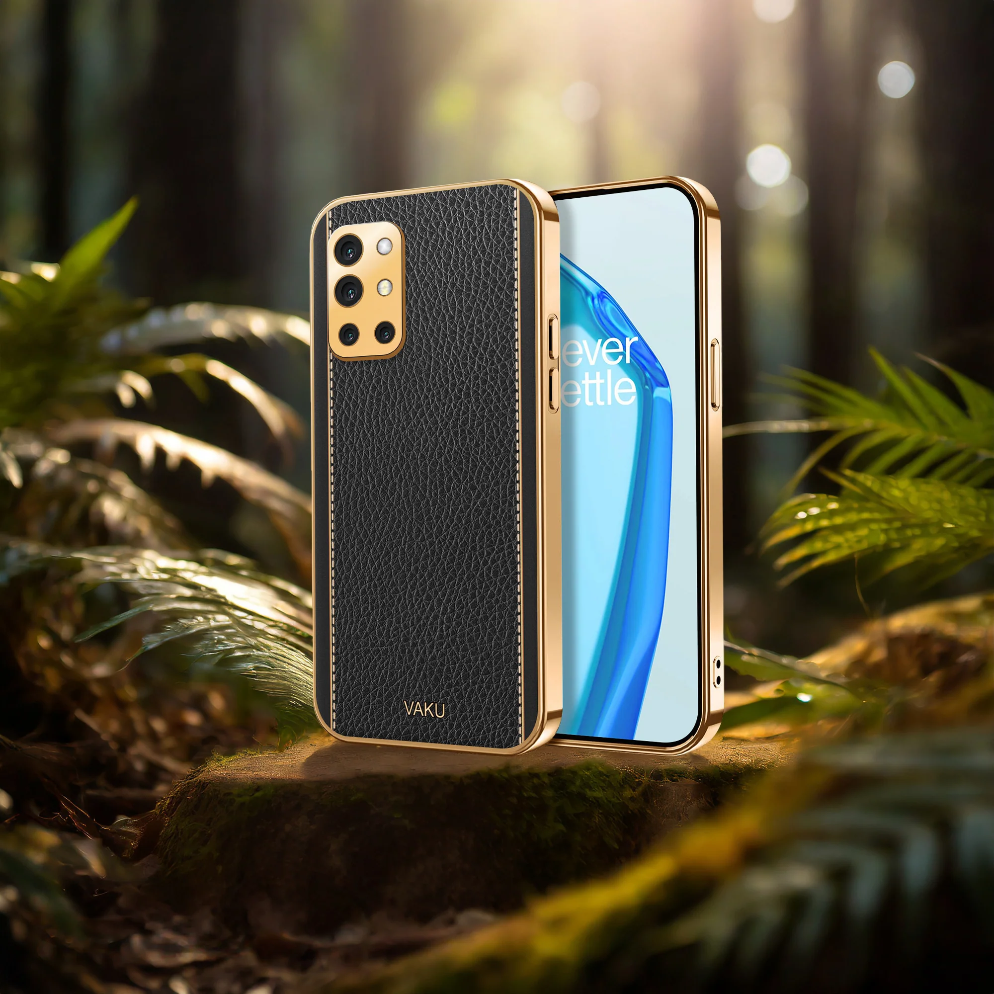 Vaku® Oneplus 9R Luxemberg Series Leather Stitched Gold Electroplated Soft TPU Back Cover - Image 11