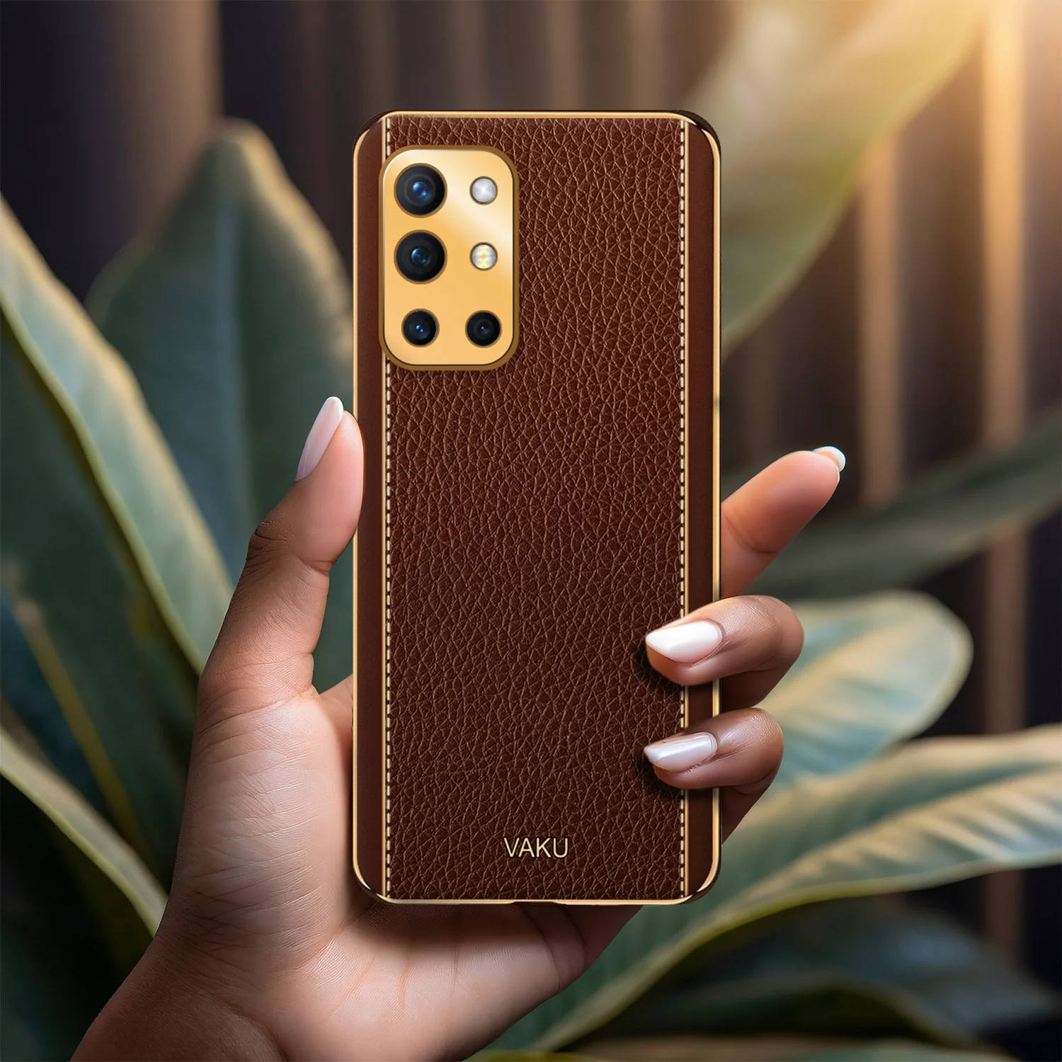 Vaku® Oneplus 9R Luxemberg Series Leather Stitched Gold Electroplated Soft TPU Back Cover - Image 13