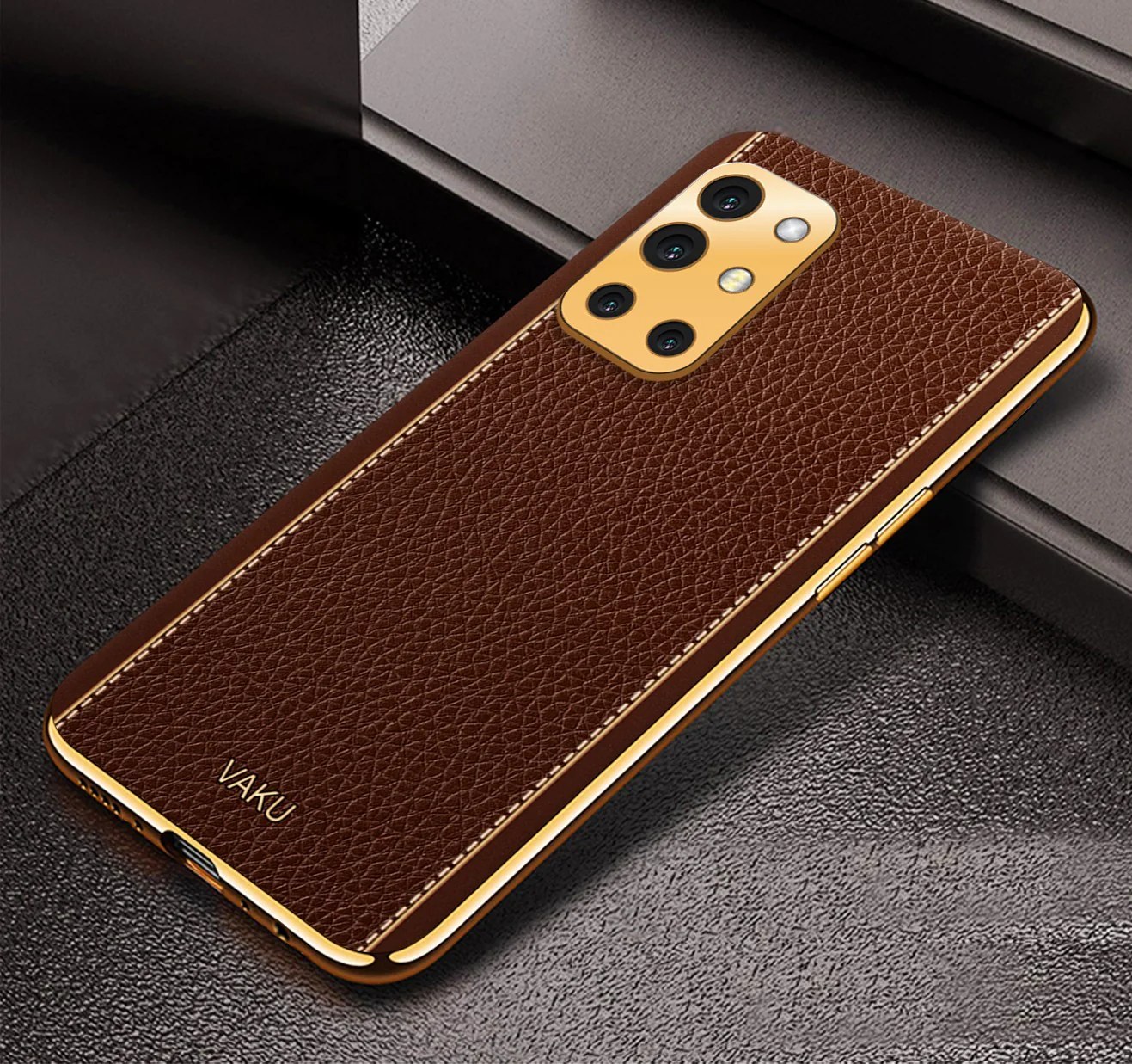 Vaku® Oneplus 9R Luxemberg Series Leather Stitched Gold Electroplated Soft TPU Back Cover - Image 5