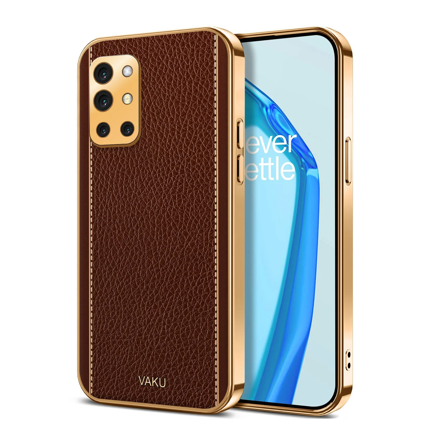 Vaku® Oneplus 9R Luxemberg Series Leather Stitched Gold Electroplated Soft TPU Back Cover - Image 6