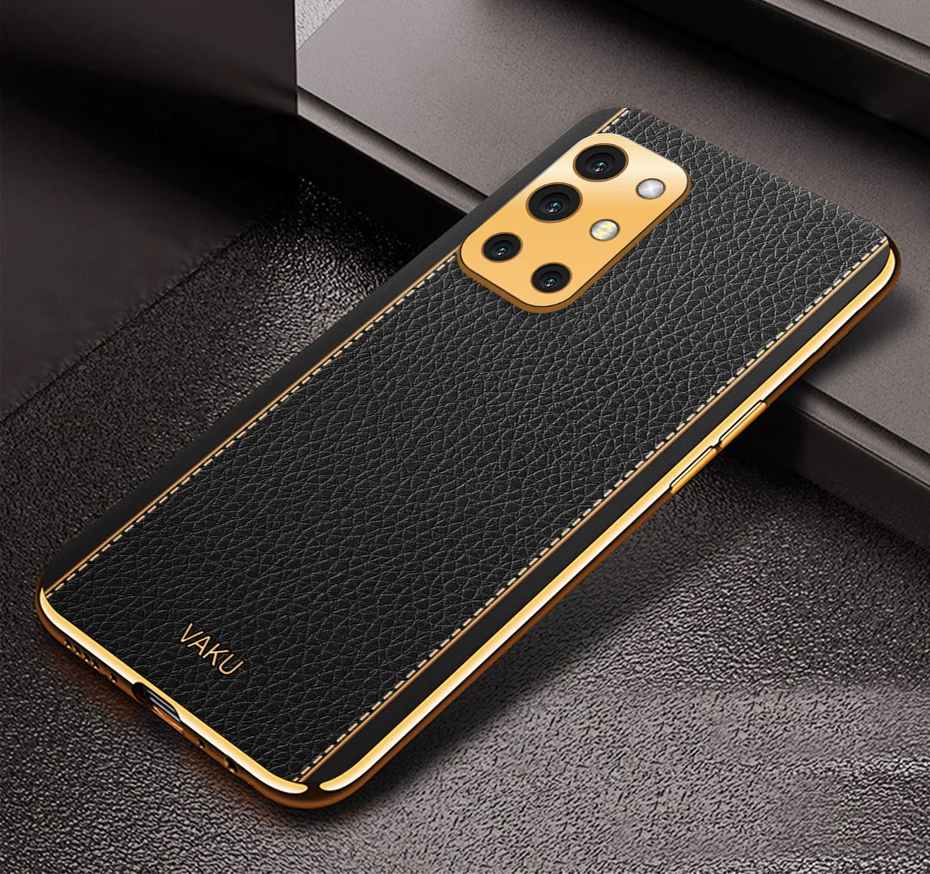 Vaku® Oneplus 9R Luxemberg Series Leather Stitched Gold Electroplated Soft TPU Back Cover - Image 7