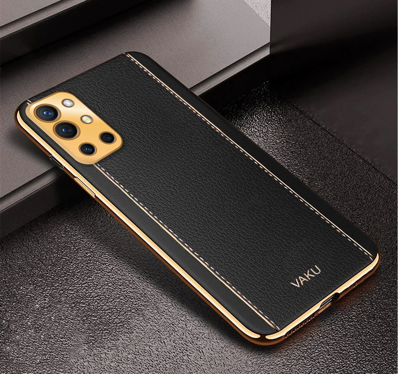 Vaku® Oneplus 9R Luxemberg Series Leather Stitched Gold Electroplated Soft TPU Back Cover - Image 9