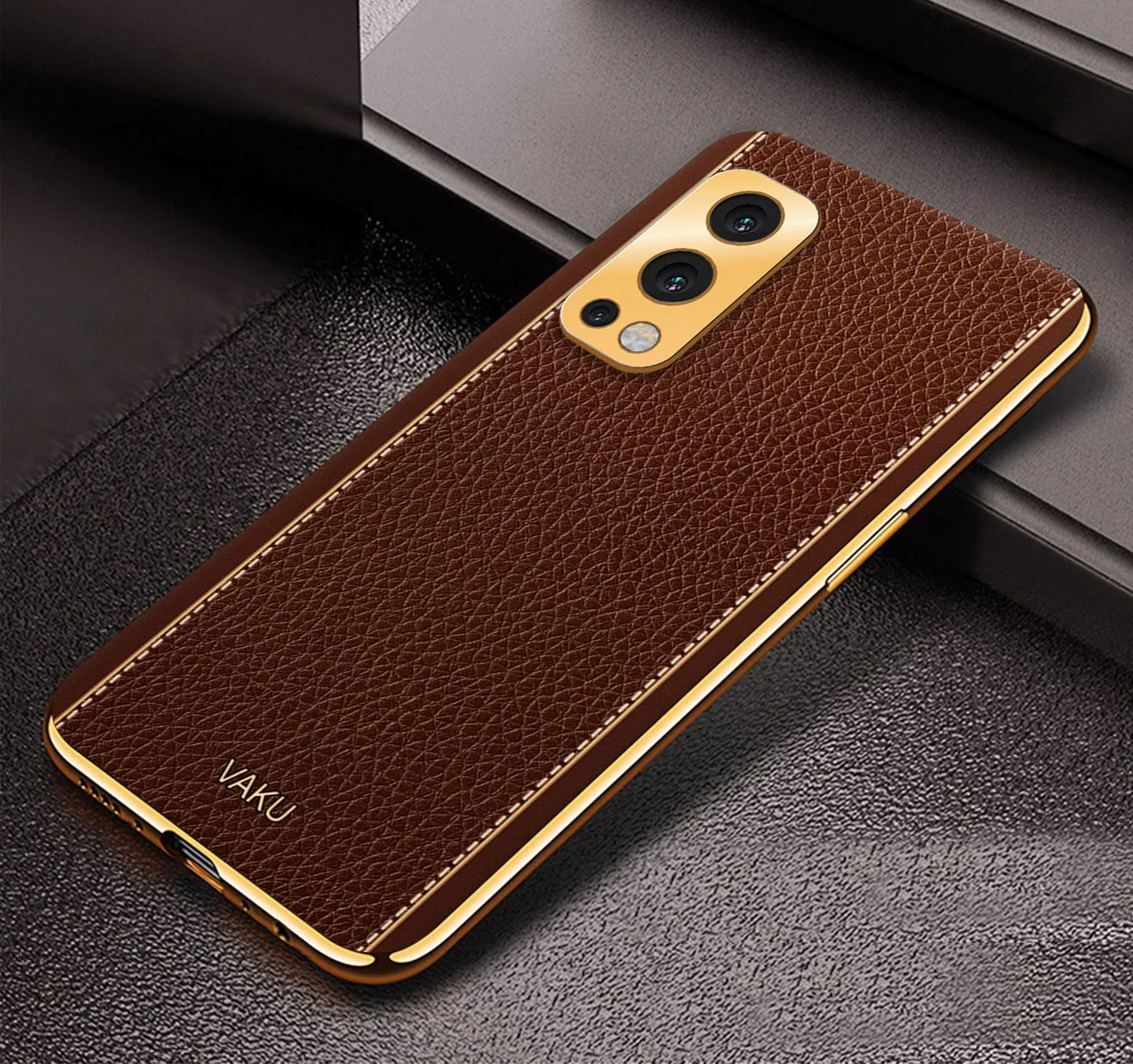 Vaku® Oneplus Nord 2 Luxemberg Series Leather Stitched Gold Electroplated Soft TPU Back Cover - Image 10