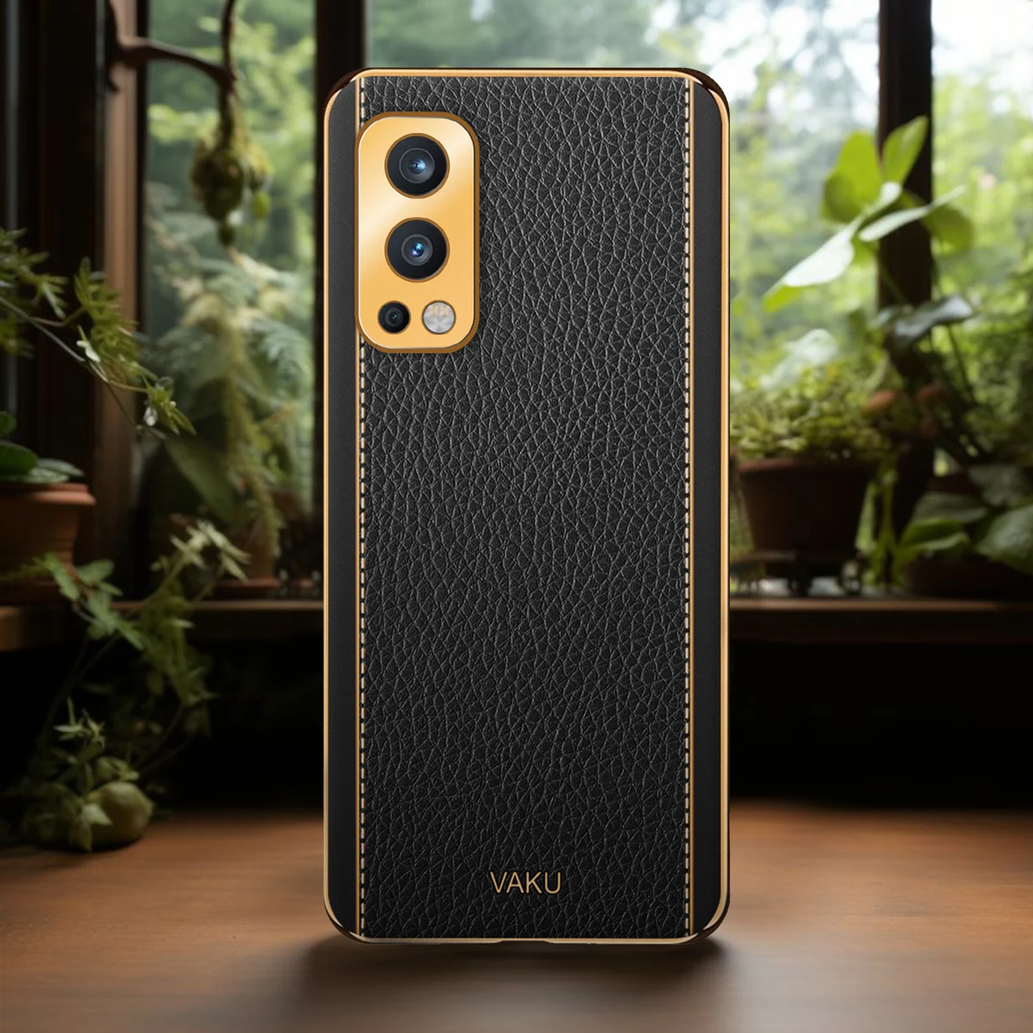 Vaku® Oneplus Nord 2 Luxemberg Series Leather Stitched Gold Electroplated Soft TPU Back Cover - Image 11