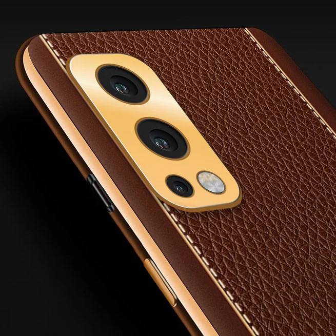 Vaku® Oneplus Nord 2 Luxemberg Series Leather Stitched Gold Electroplated Soft TPU Back Cover - Image 2
