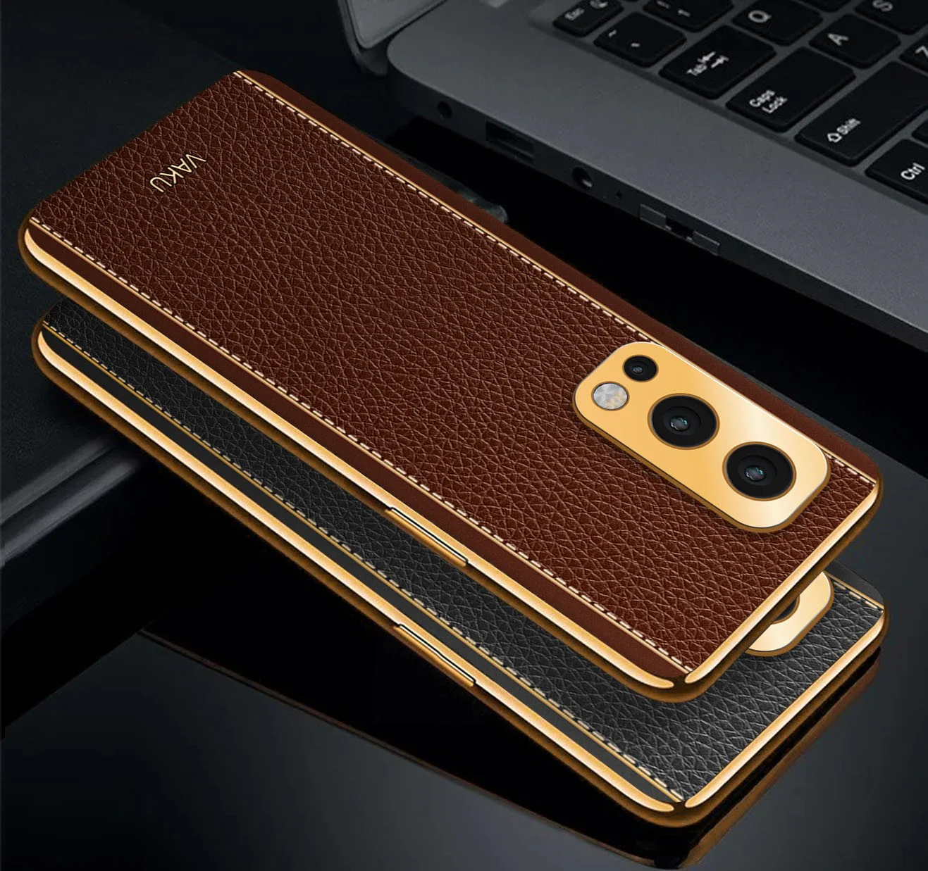 Vaku® Oneplus Nord 2 Luxemberg Series Leather Stitched Gold Electroplated Soft TPU Back Cover - Image 3
