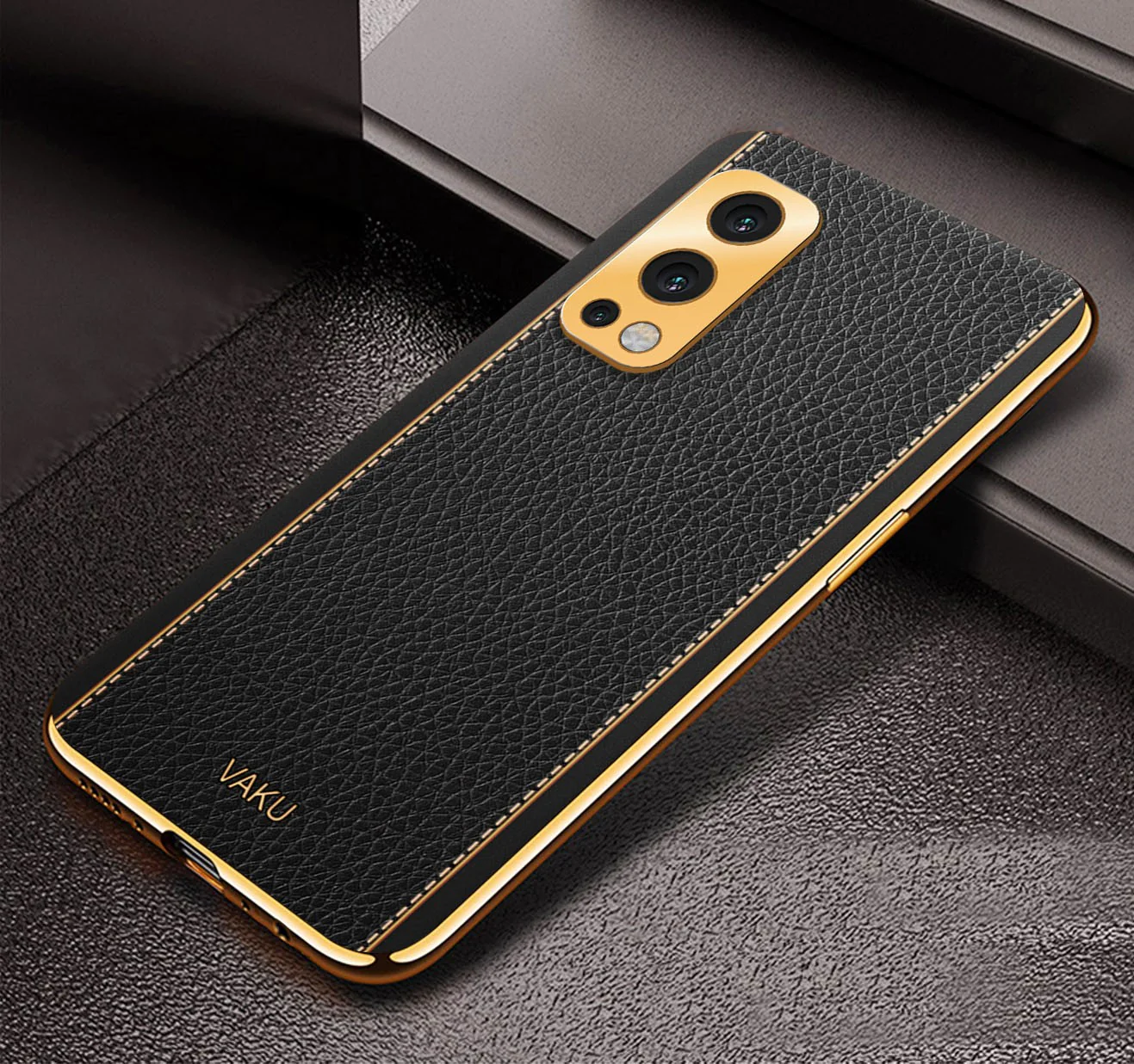 Vaku® Oneplus Nord 2 Luxemberg Series Leather Stitched Gold Electroplated Soft TPU Back Cover - Image 5