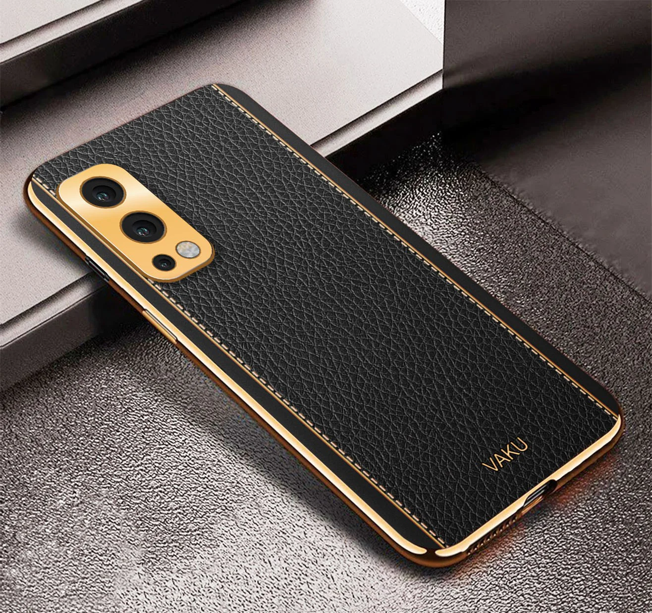 Vaku® Oneplus Nord 2 Luxemberg Series Leather Stitched Gold Electroplated Soft TPU Back Cover - Image 8