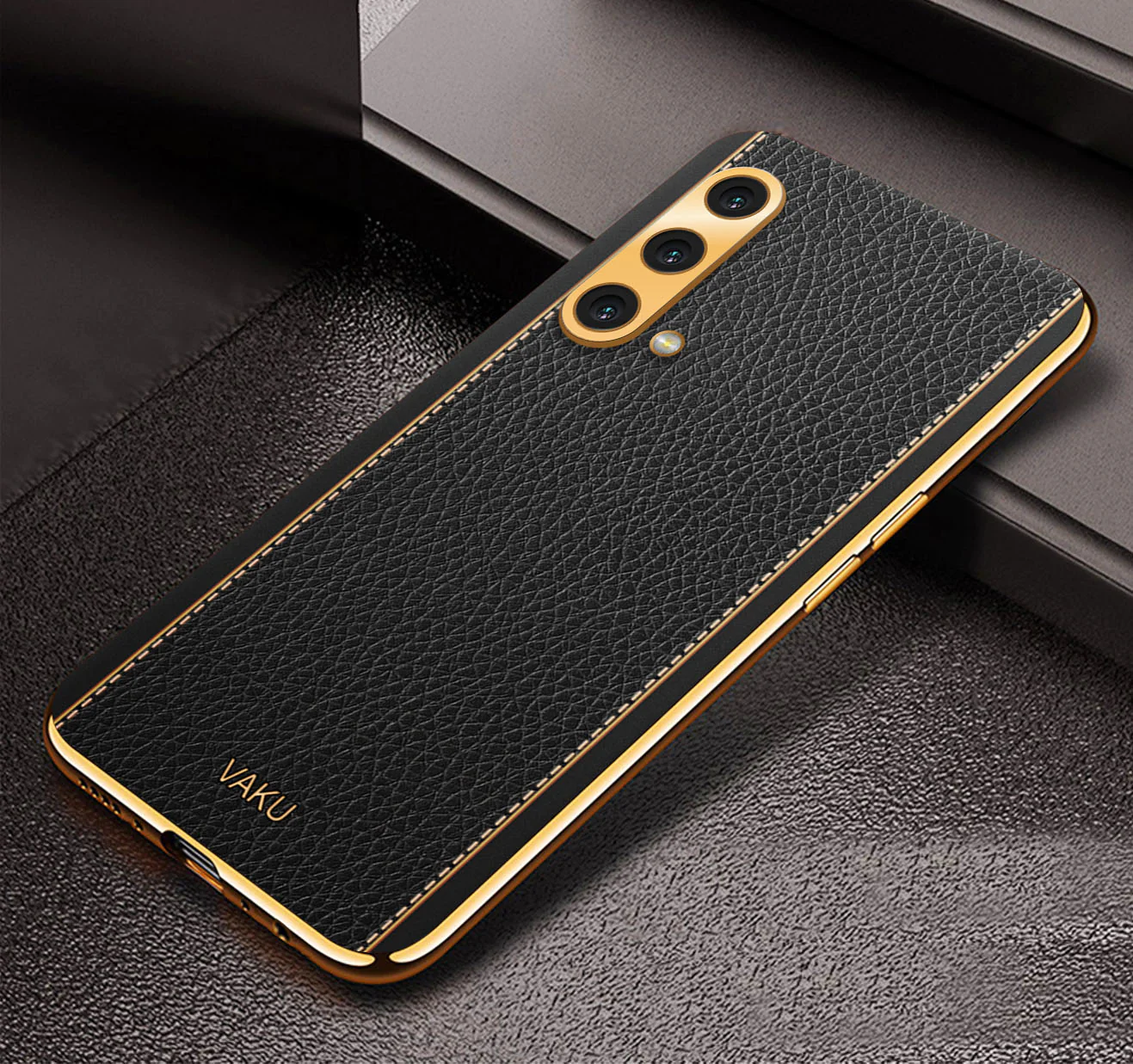 Vaku® OnePlus Nord CE Luxemberg Series Leather Stitched Gold Electroplated Soft TPU Back Cover - Image 2