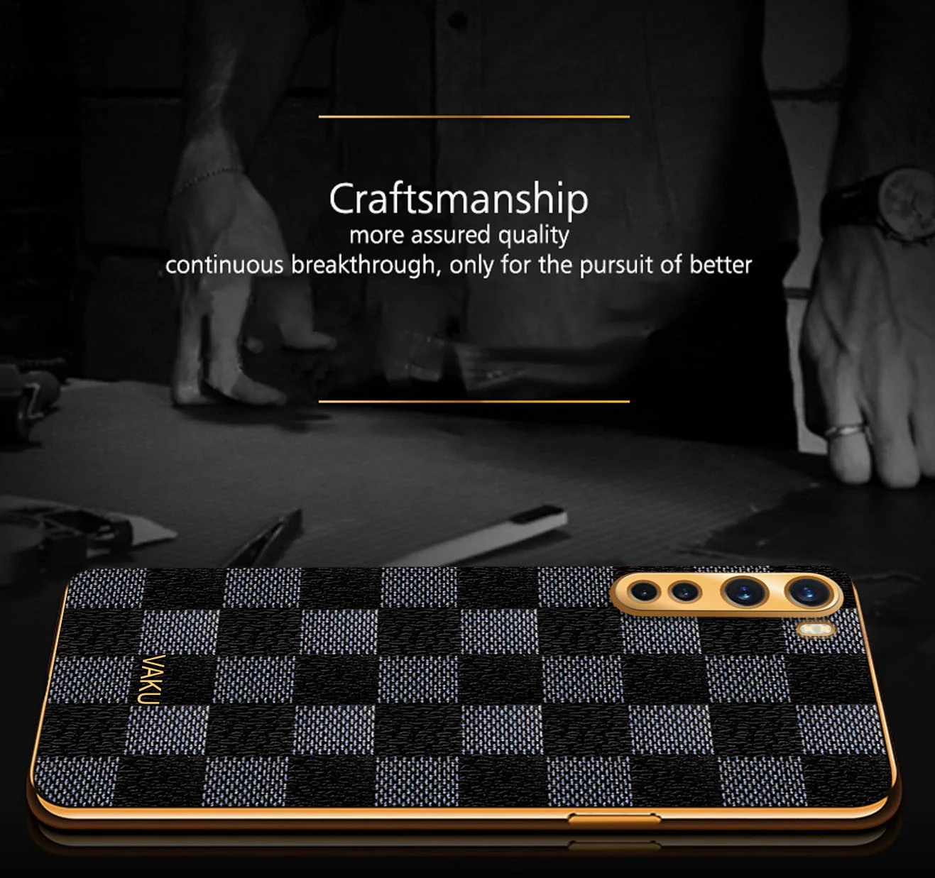 Vaku® Oneplus Nord Cheron Series Leather Stitched Gold Electroplated Soft TPU Back Cover - Image 3