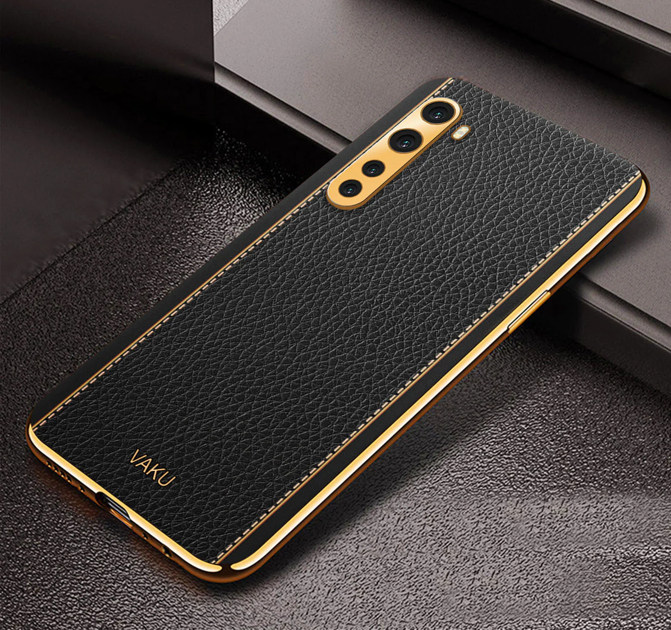 Vaku® Oneplus Nord Luxemberg Series Leather Stitched Gold Electroplated Soft TPU Back Cover - Image 10