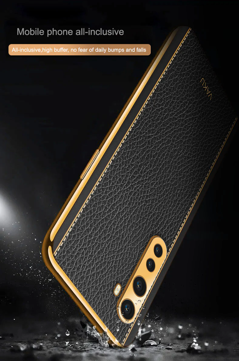 Vaku® Oneplus Nord Luxemberg Series Leather Stitched Gold Electroplated Soft TPU Back Cover - Image 11