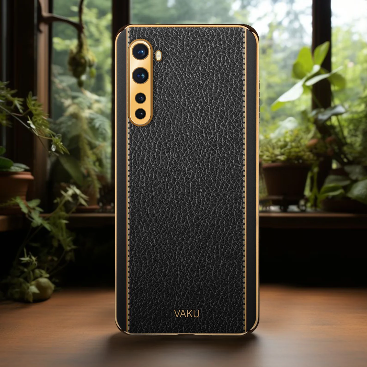 Vaku® Oneplus Nord Luxemberg Series Leather Stitched Gold Electroplated Soft TPU Back Cover - Image 13