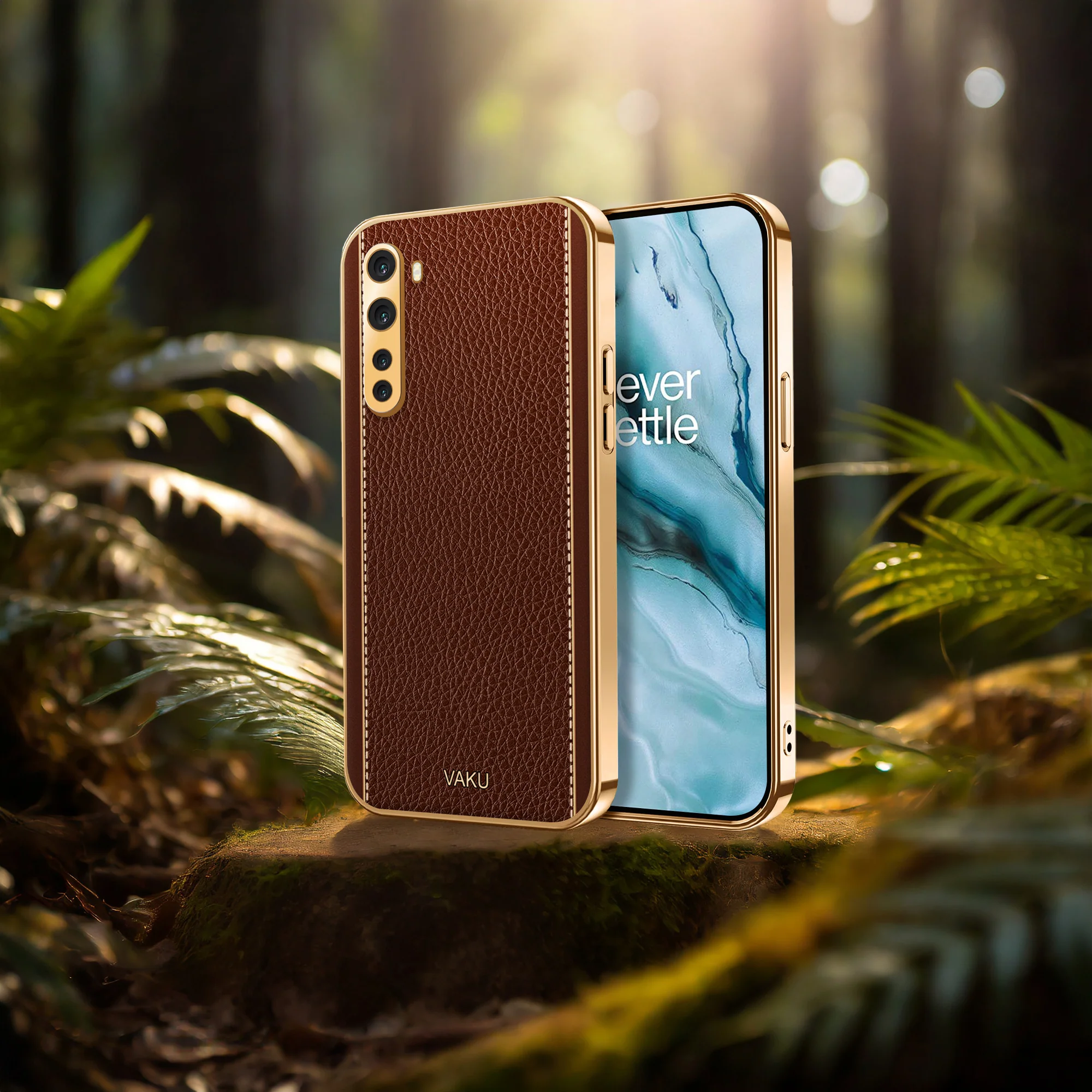 Vaku® Oneplus Nord Luxemberg Series Leather Stitched Gold Electroplated Soft TPU Back Cover - Image 15