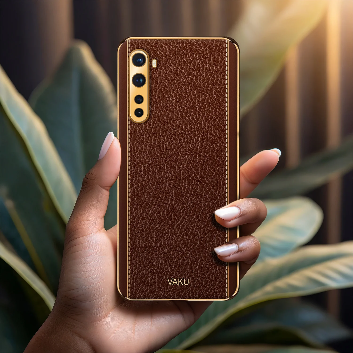 Vaku® Oneplus Nord Luxemberg Series Leather Stitched Gold Electroplated Soft TPU Back Cover - Image 16