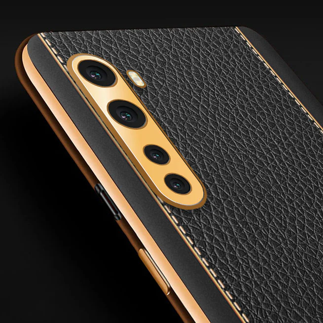 Vaku® Oneplus Nord Luxemberg Series Leather Stitched Gold Electroplated Soft TPU Back Cover - Image 2