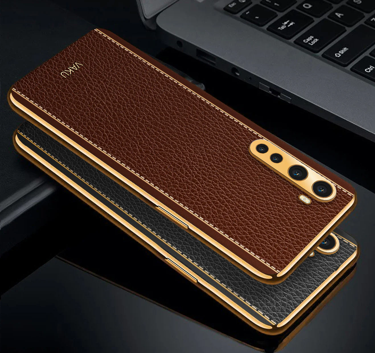 Vaku® Oneplus Nord Luxemberg Series Leather Stitched Gold Electroplated Soft TPU Back Cover - Image 3