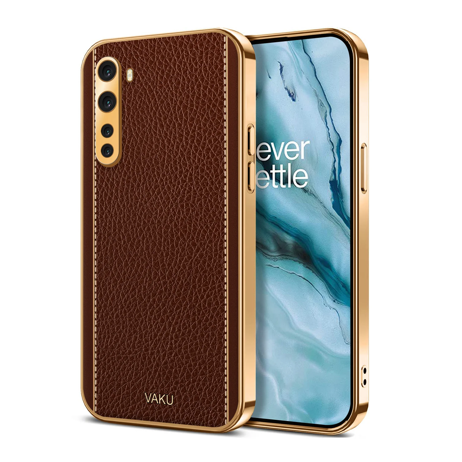 Vaku® Oneplus Nord Luxemberg Series Leather Stitched Gold Electroplated Soft TPU Back Cover - Image 4