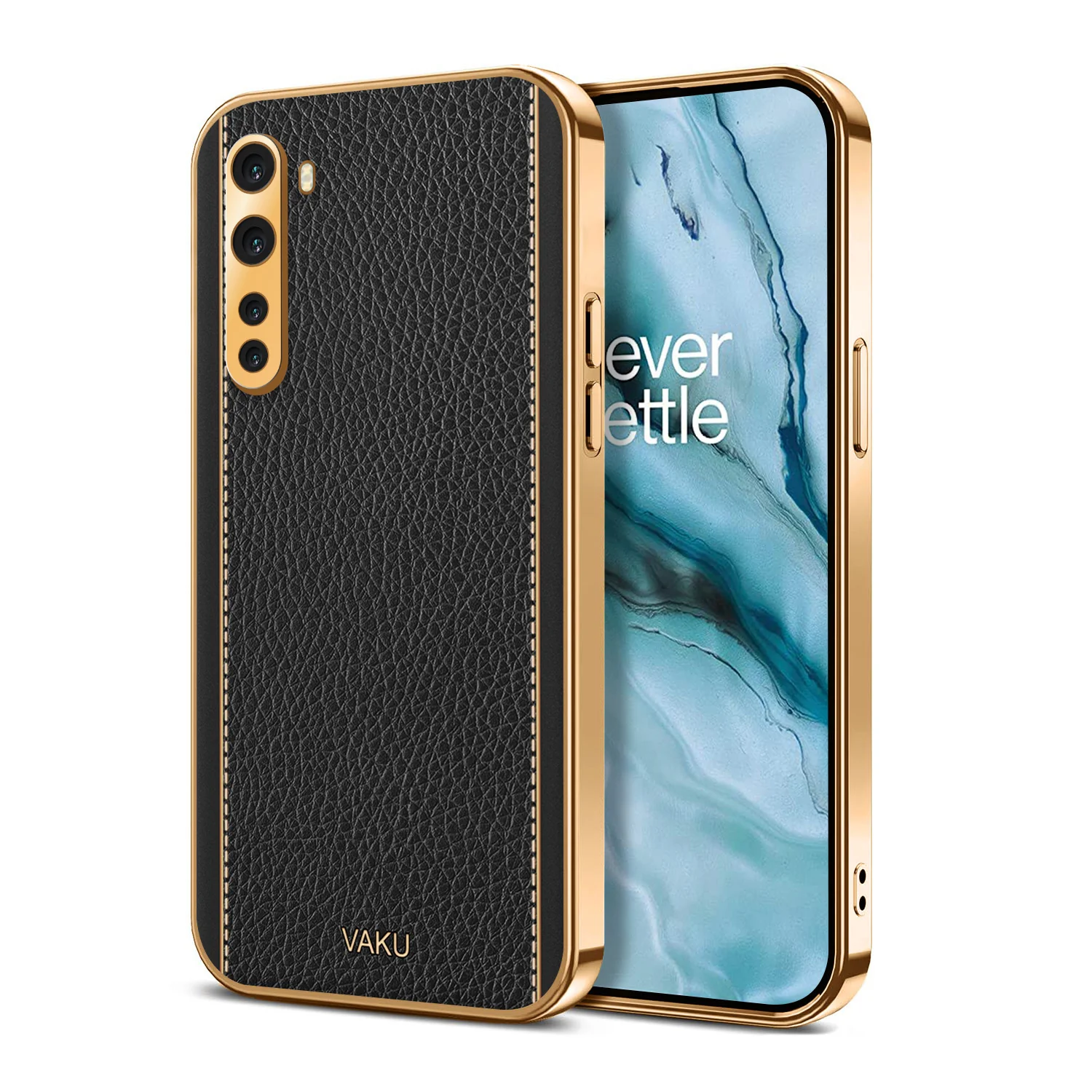 Vaku® Oneplus Nord Luxemberg Series Leather Stitched Gold Electroplated Soft TPU Back Cover - Image 5