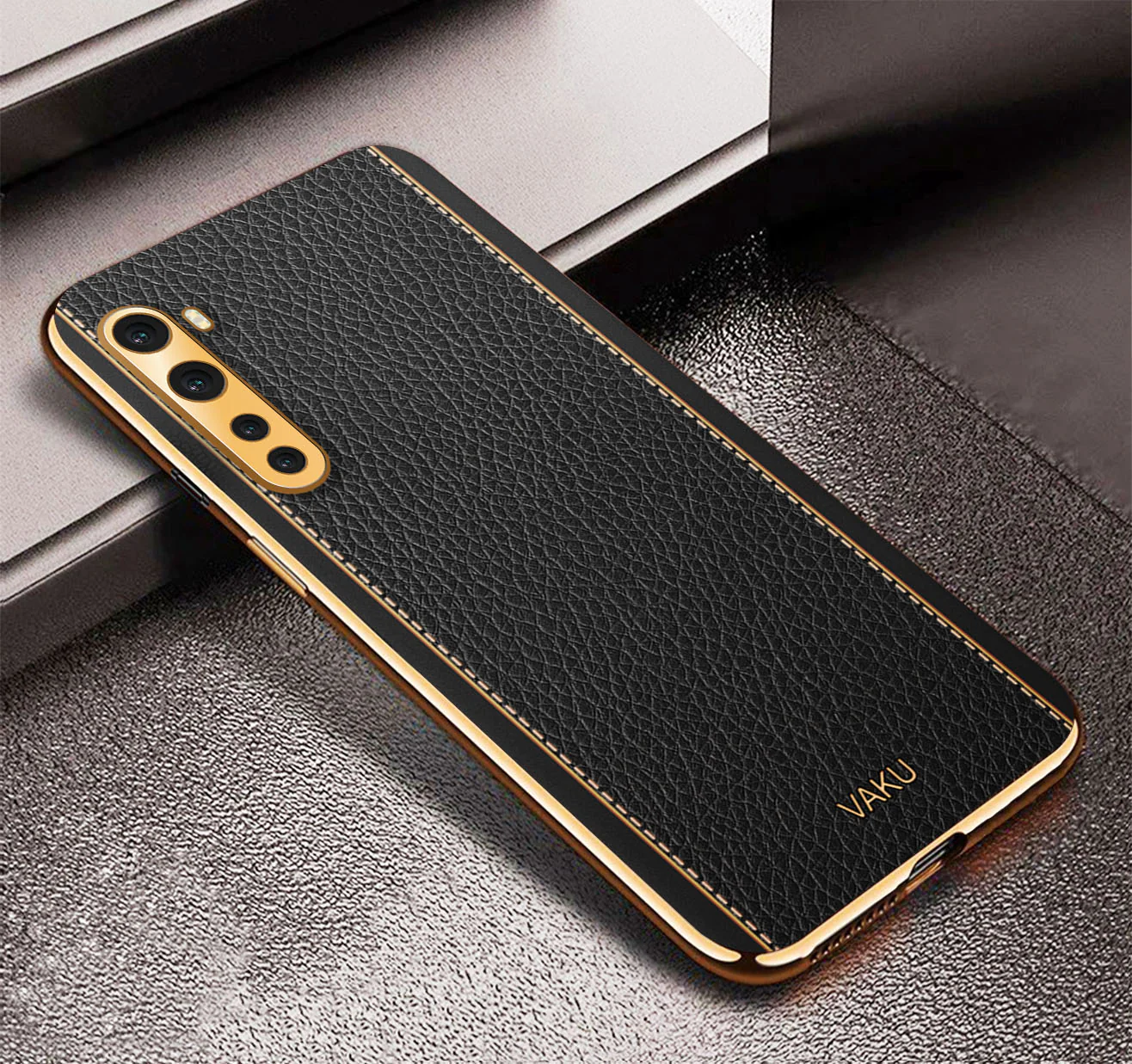 Vaku® Oneplus Nord Luxemberg Series Leather Stitched Gold Electroplated Soft TPU Back Cover - Image 6