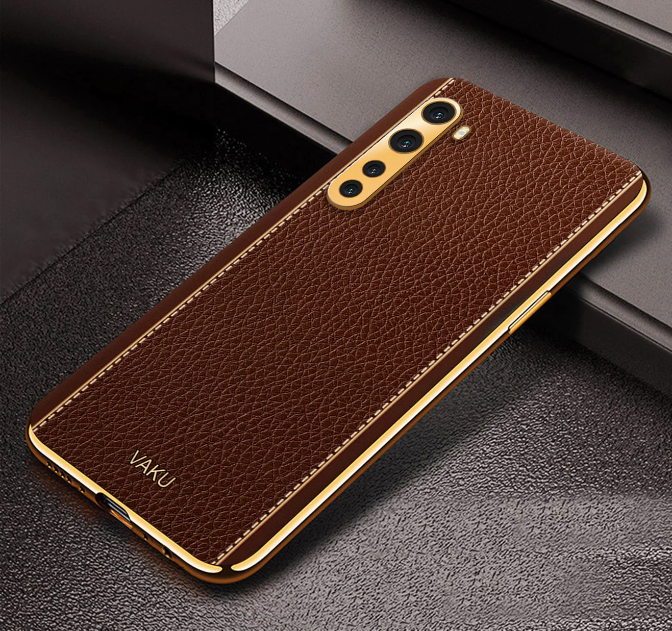 Vaku® Oneplus Nord Luxemberg Series Leather Stitched Gold Electroplated Soft TPU Back Cover - Image 8