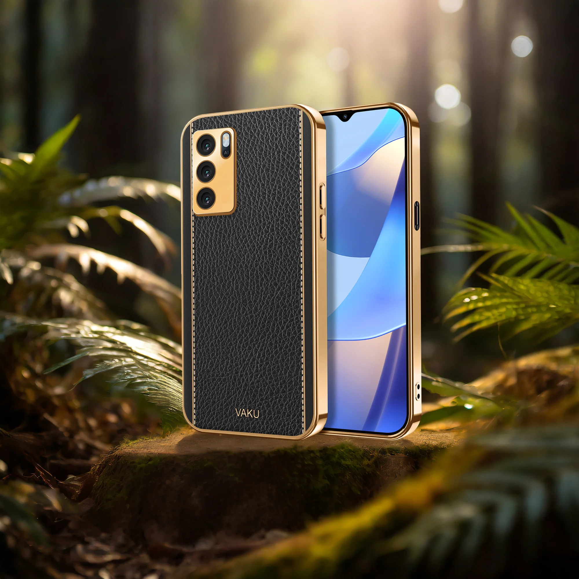 Vaku® Oppo A16 Luxemberg Series Leather Stitched Gold Electroplated Soft TPU Back Cover - Image 15