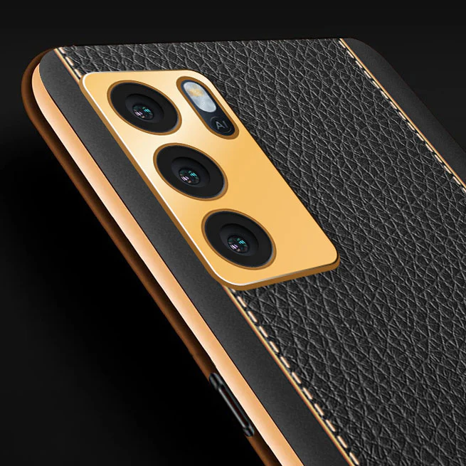 Vaku® Oppo A16 Luxemberg Series Leather Stitched Gold Electroplated Soft TPU Back Cover - Image 2