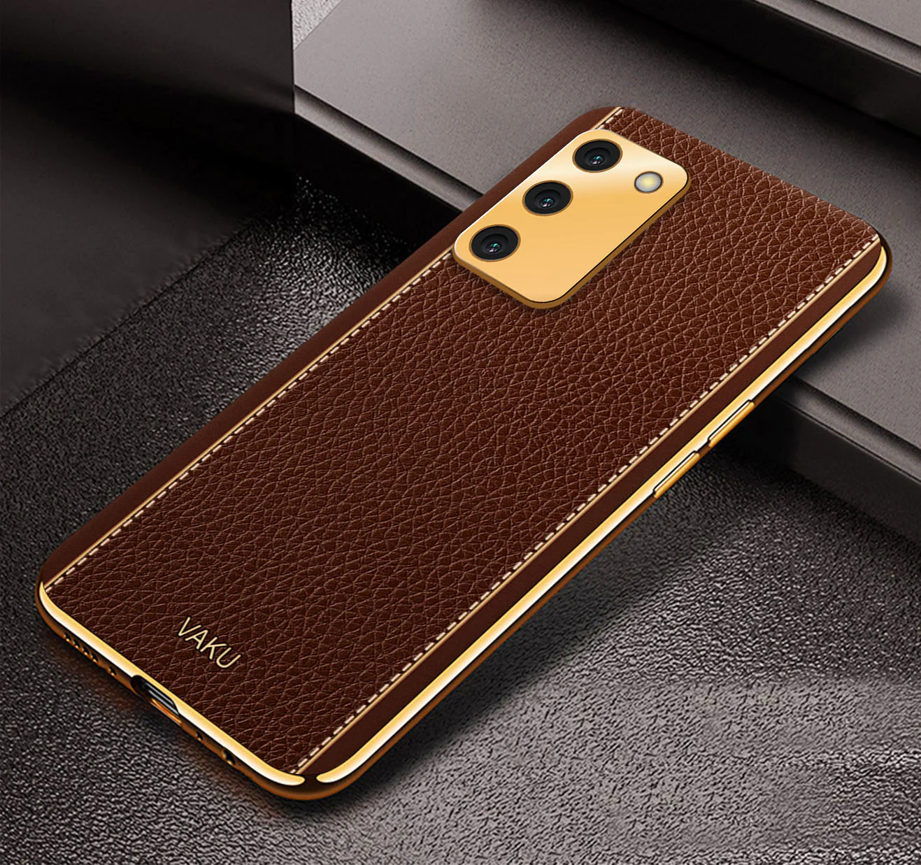 Vaku® Oppo A53s 5G Luxemberg Series Leather Stitched Gold Electroplated Soft TPU Back Cover - Image 11
