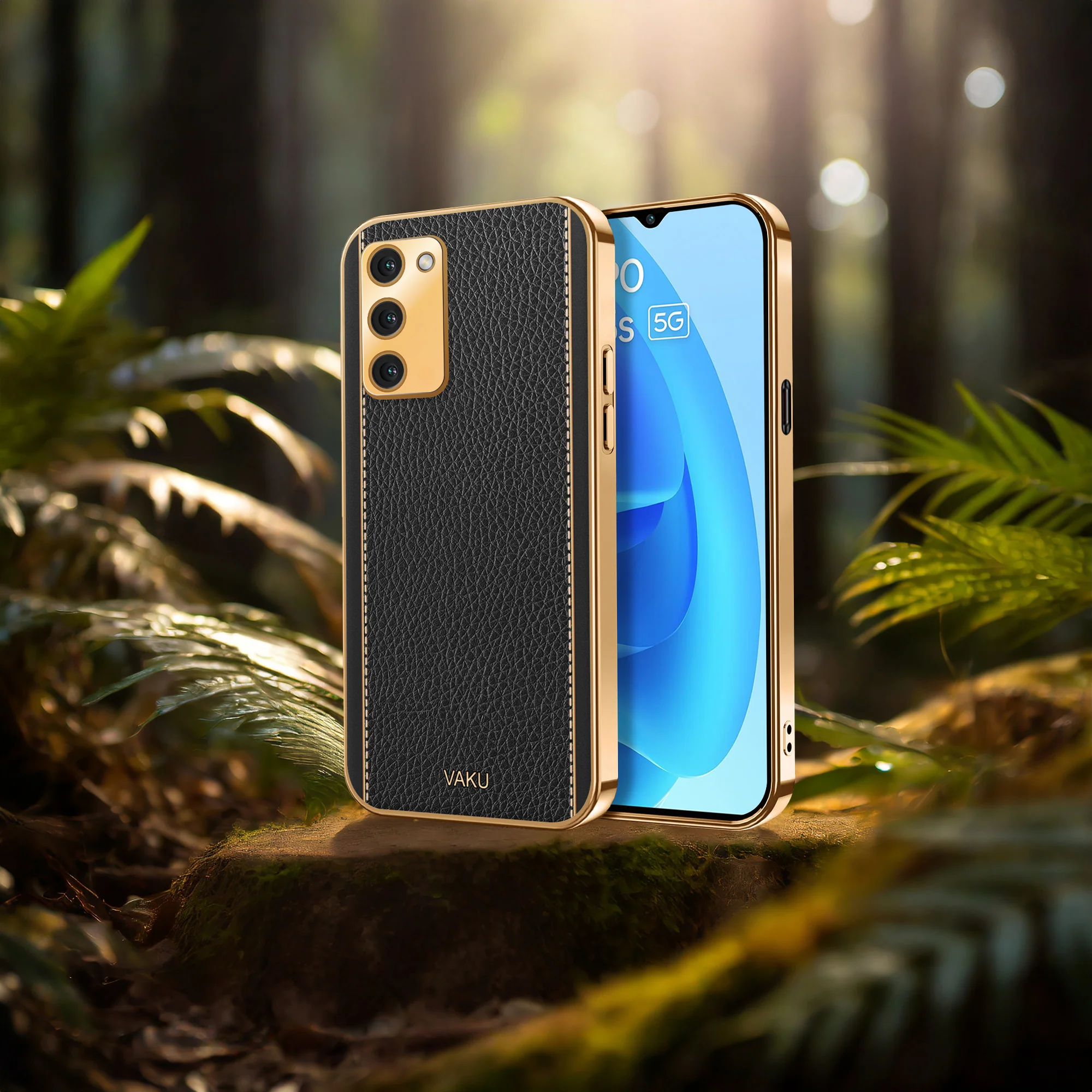 Vaku® Oppo A53s 5G Luxemberg Series Leather Stitched Gold Electroplated Soft TPU Back Cover - Image 15