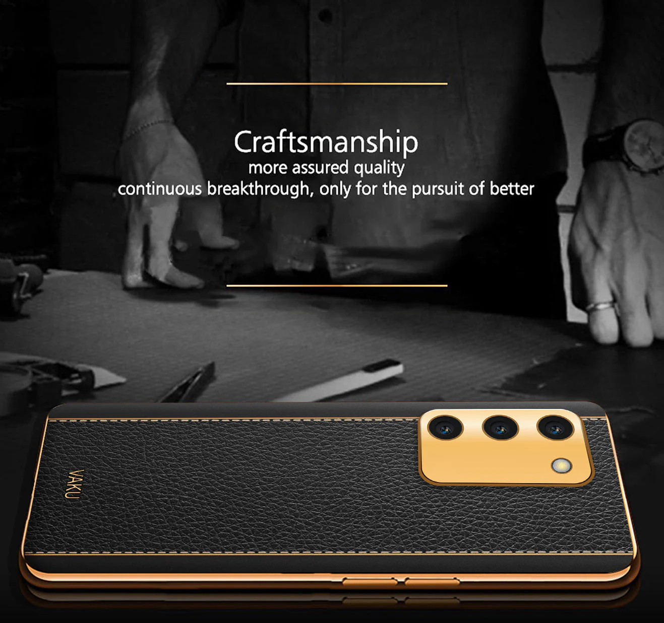 Vaku® Oppo A53s 5G Luxemberg Series Leather Stitched Gold Electroplated Soft TPU Back Cover - Image 3