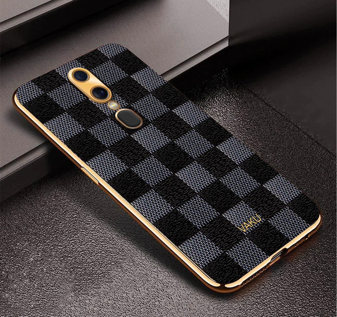 Vaku® Oppo F11 Cheron Series Leather Stitched Gold Electroplated Soft TPU Back Cover - Image 3
