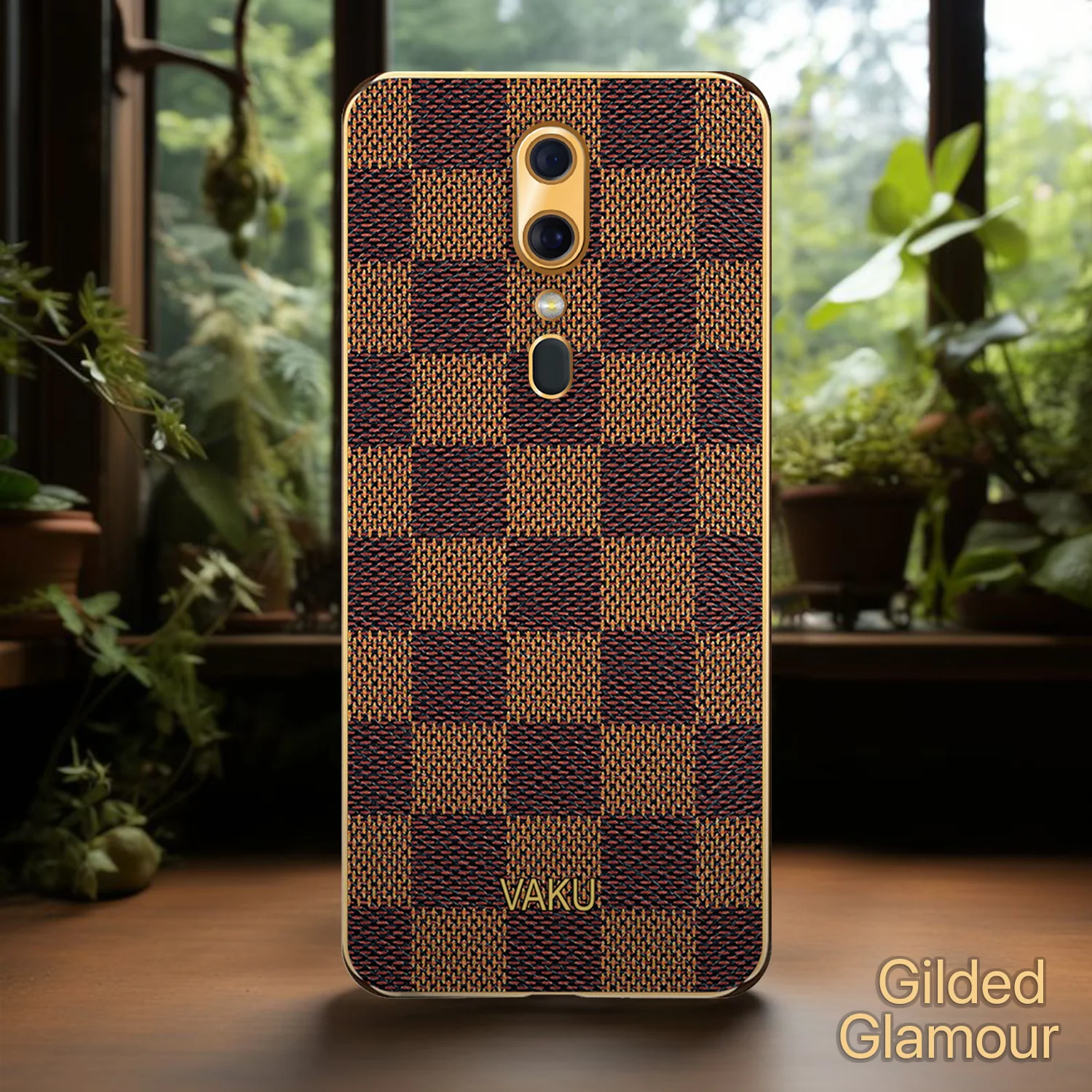 Vaku® Oppo F11 Cheron Series Leather Stitched Gold Electroplated Soft TPU Back Cover - Image 4