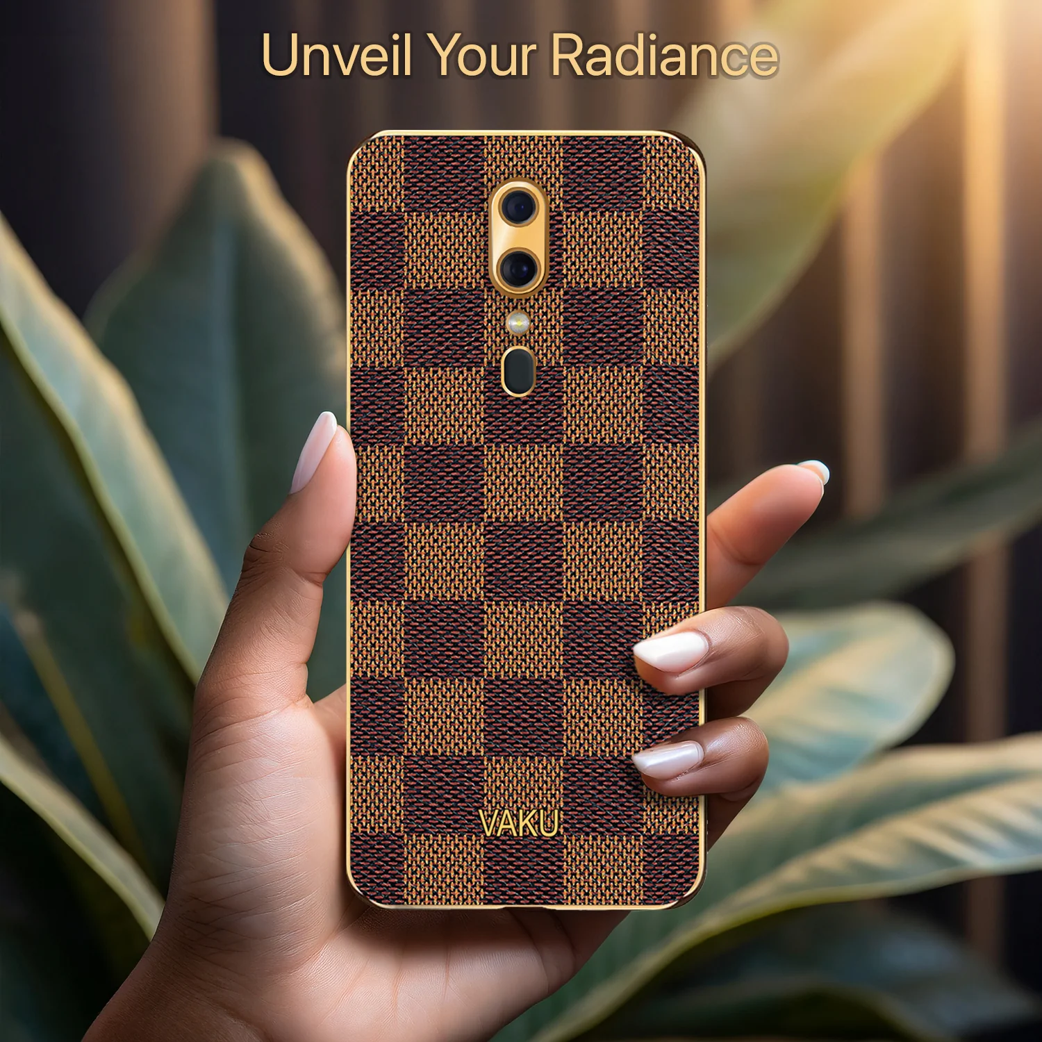 Vaku® Oppo F11 Cheron Series Leather Stitched Gold Electroplated Soft TPU Back Cover - Image 5