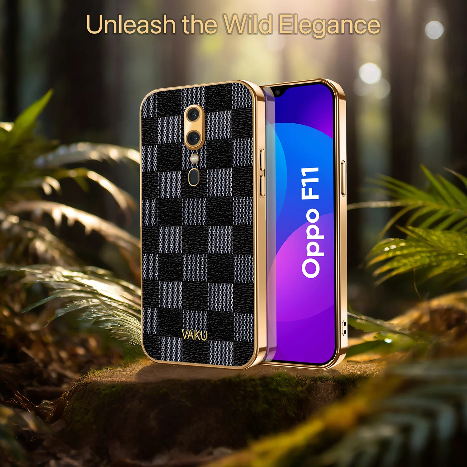Vaku® Oppo F11 Cheron Series Leather Stitched Gold Electroplated Soft TPU Back Cover - Image 6