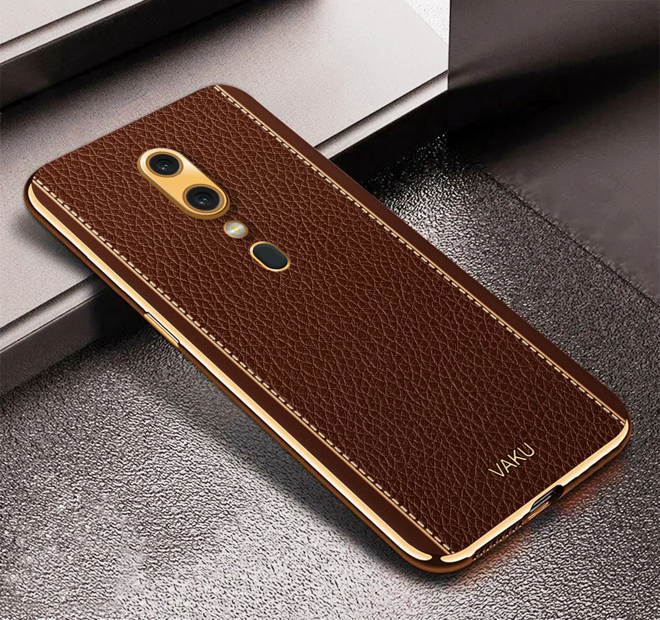 Vaku® Oppo F11 Luxemberg Series Leather Stitched Gold Electroplated Soft TPU Back Cover