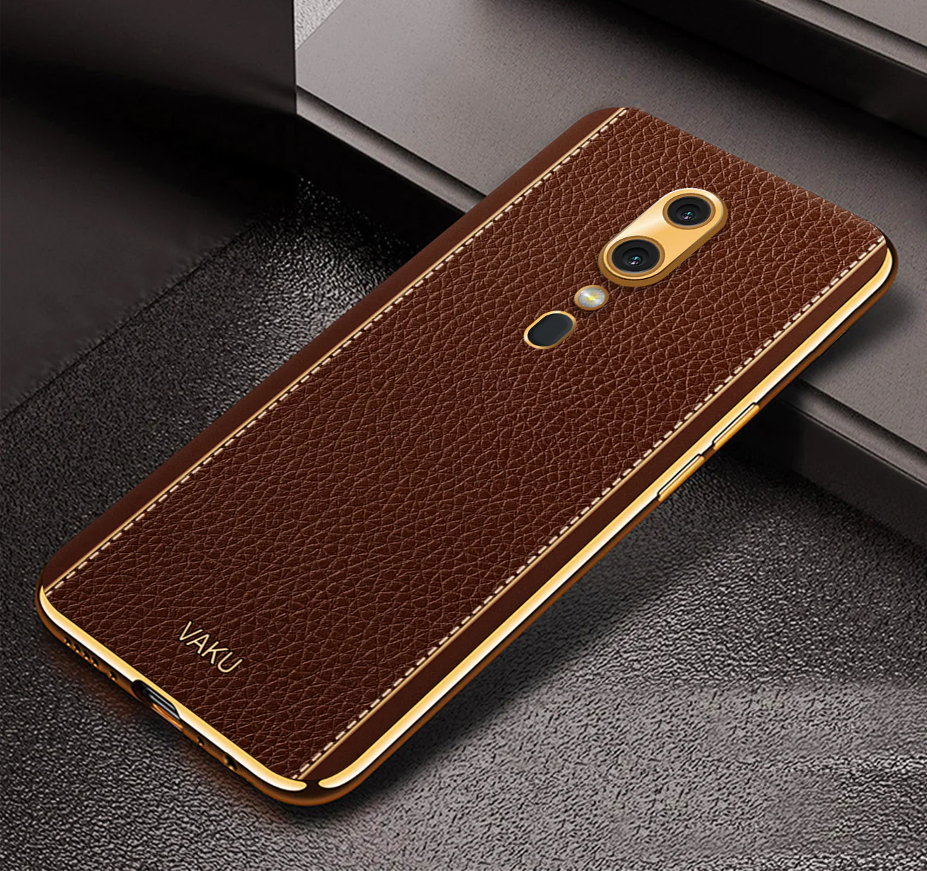 Vaku® Oppo F11 Luxemberg Series Leather Stitched Gold Electroplated Soft TPU Back Cover - Image 11