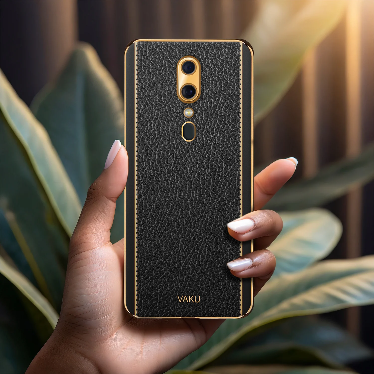 Vaku® Oppo F11 Luxemberg Series Leather Stitched Gold Electroplated Soft TPU Back Cover - Image 12