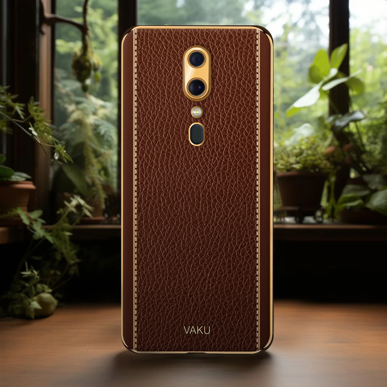 Vaku® Oppo F11 Luxemberg Series Leather Stitched Gold Electroplated Soft TPU Back Cover - Image 13