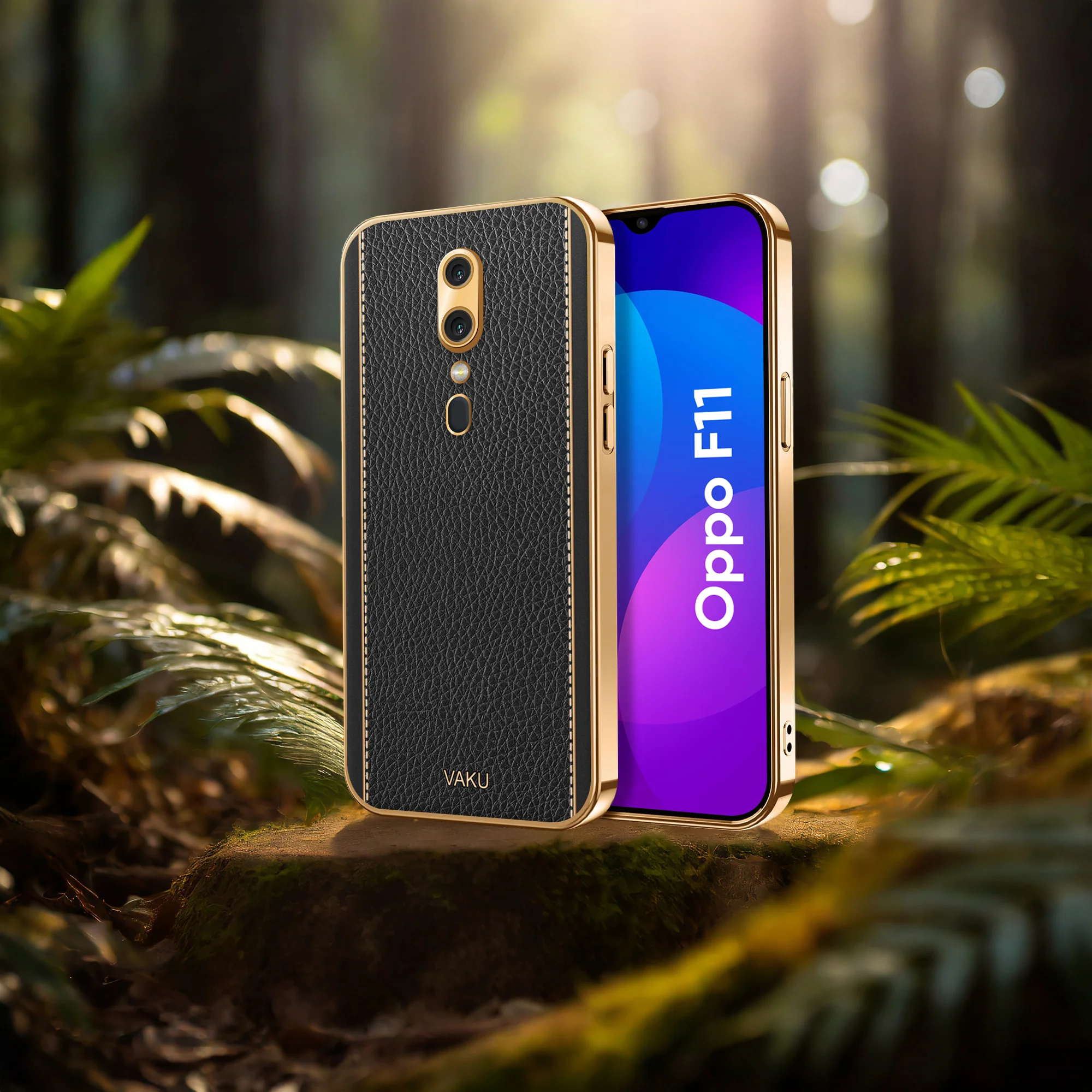 Vaku® Oppo F11 Luxemberg Series Leather Stitched Gold Electroplated Soft TPU Back Cover - Image 15